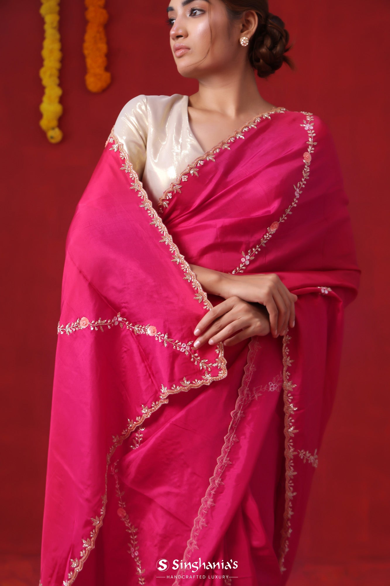Ruby Pink Modal Satin Saree With Floral Embroidery