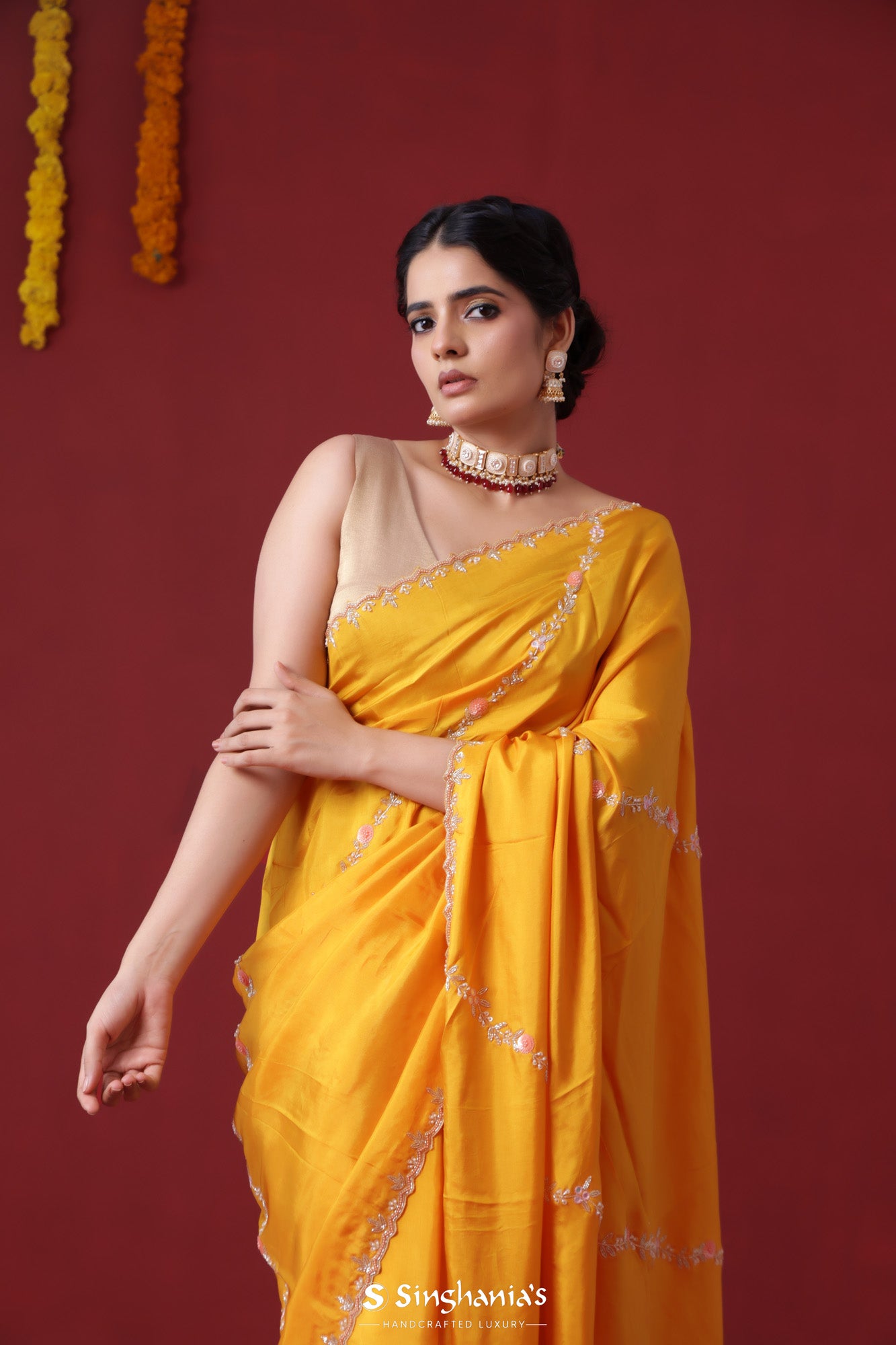 Dark Yellow Soft Lichi Silk Jacquard Work Saree