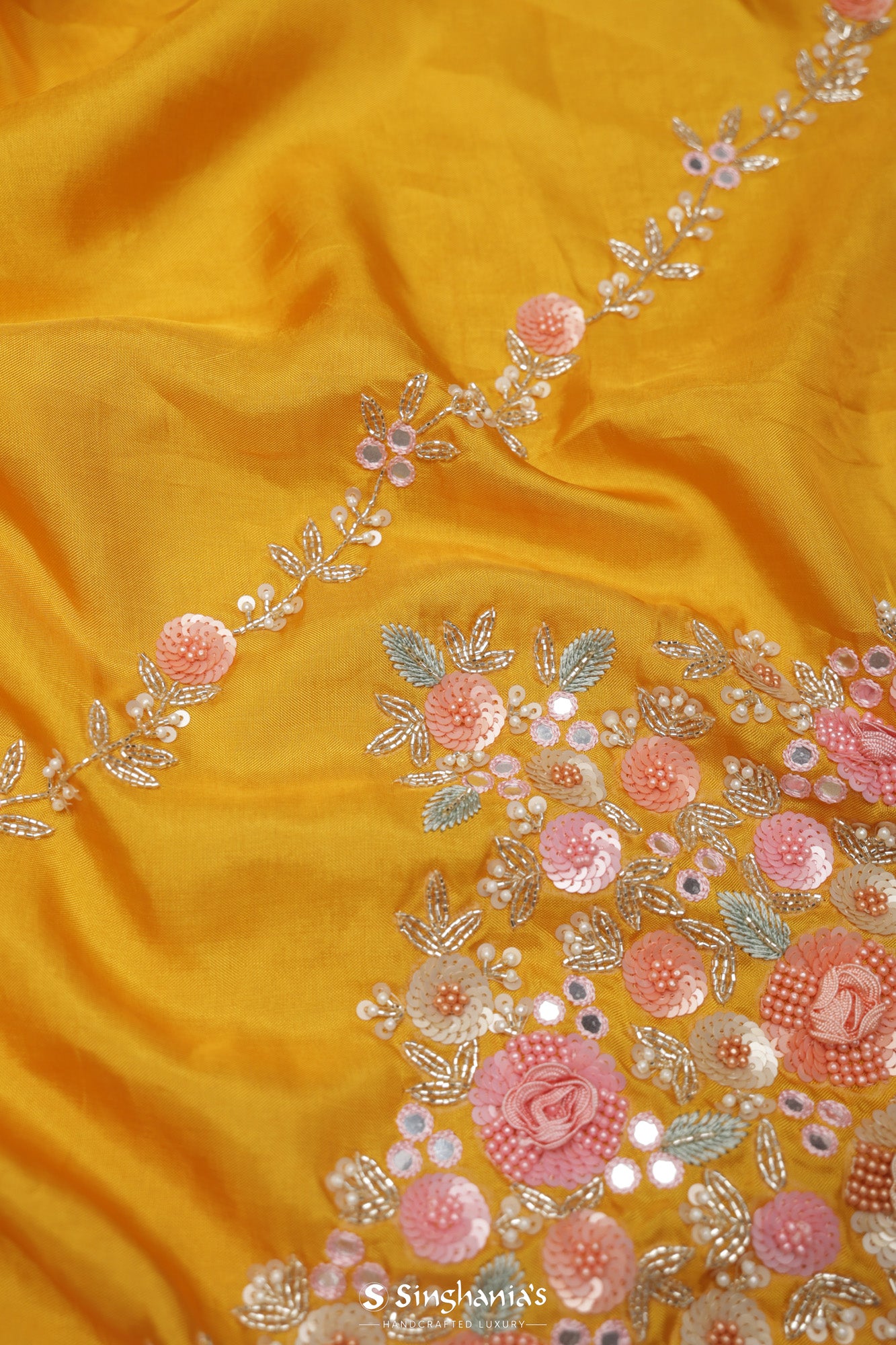 Vibrant Yellow Satin Saree With Floral Stripes Embroidery