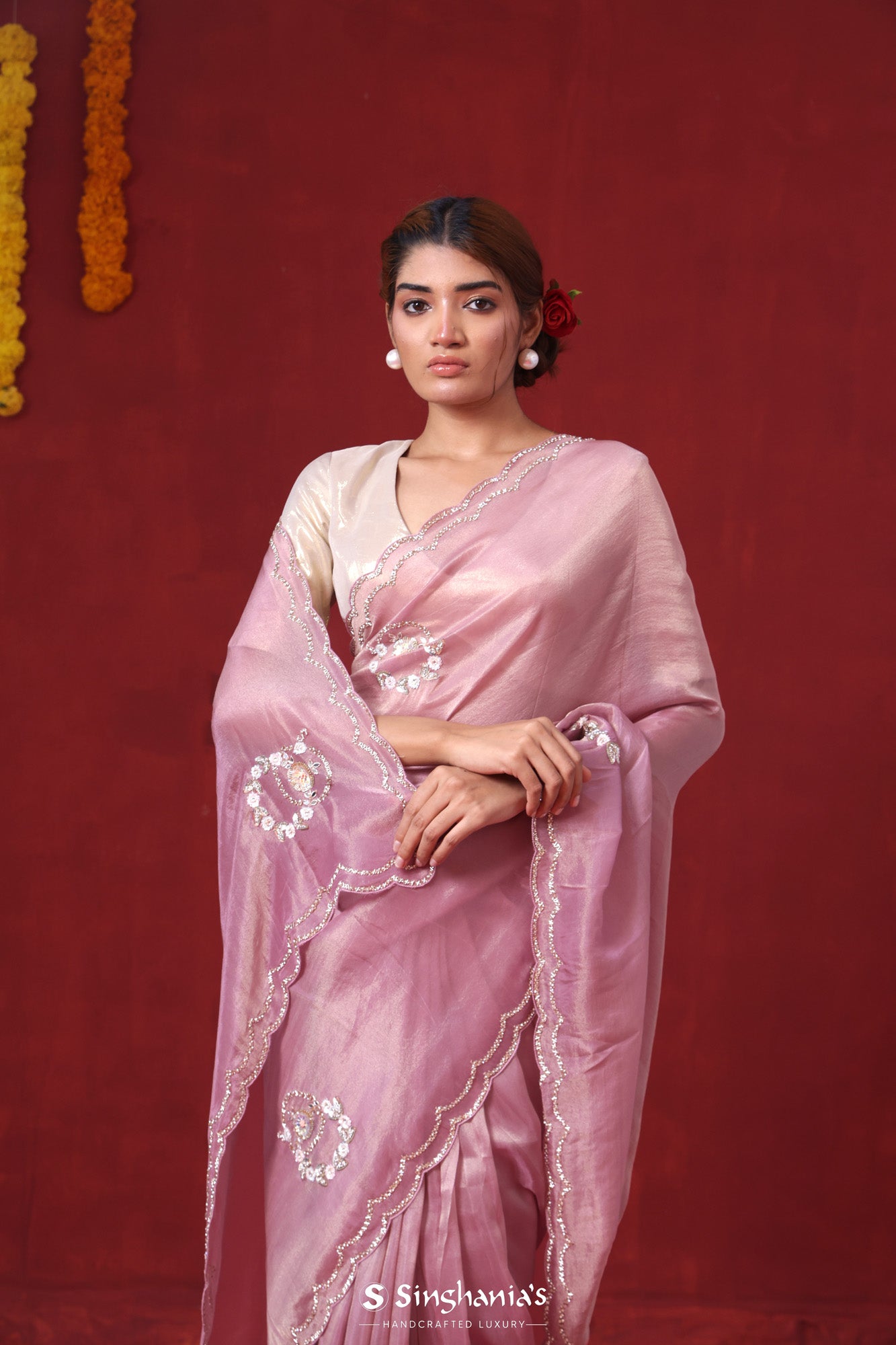 Carnation Pink Tissue Organza Saree With Hand Embroidery