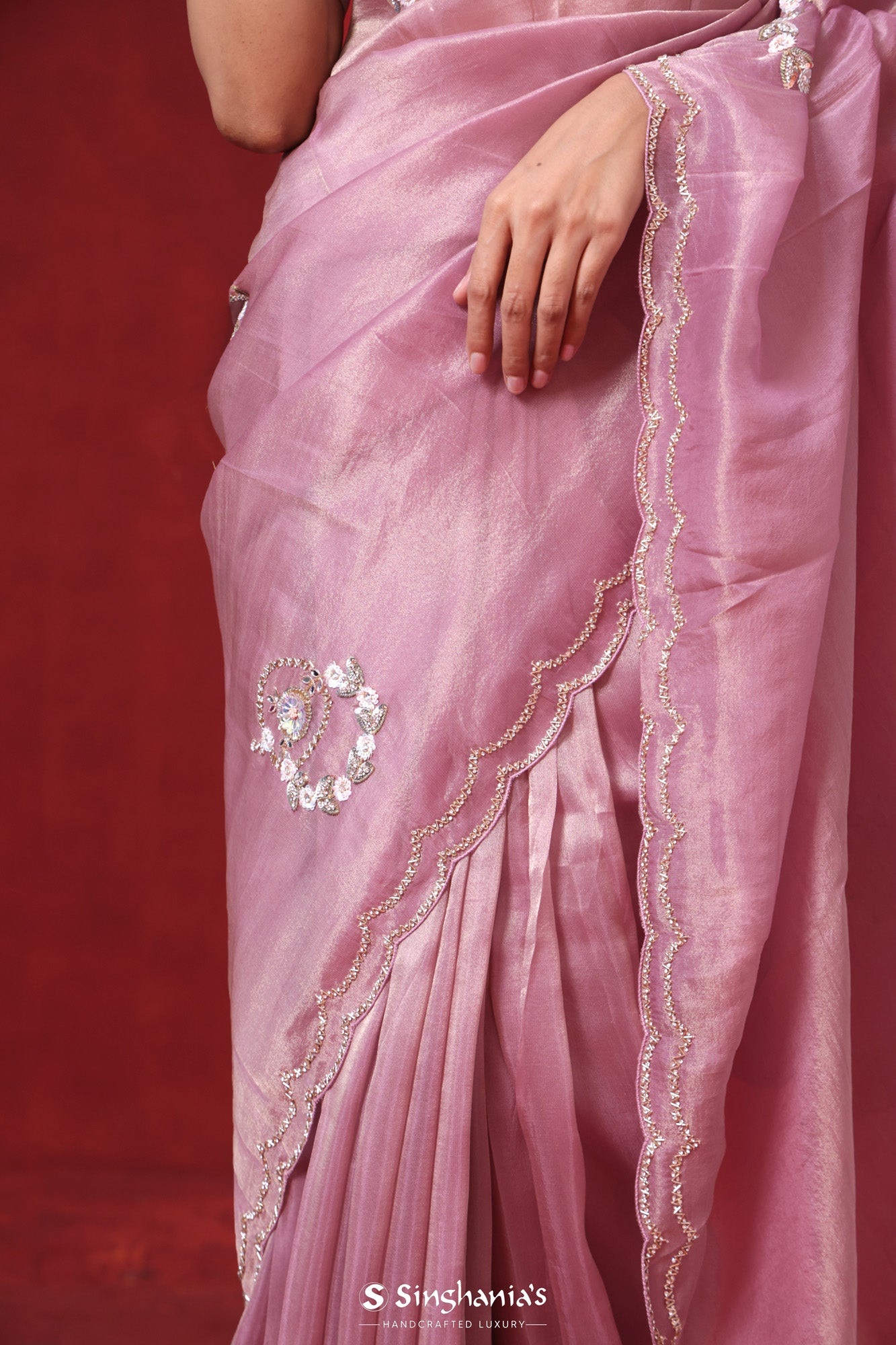 Carnation Pink Tissue Organza Saree With Hand Embroidery