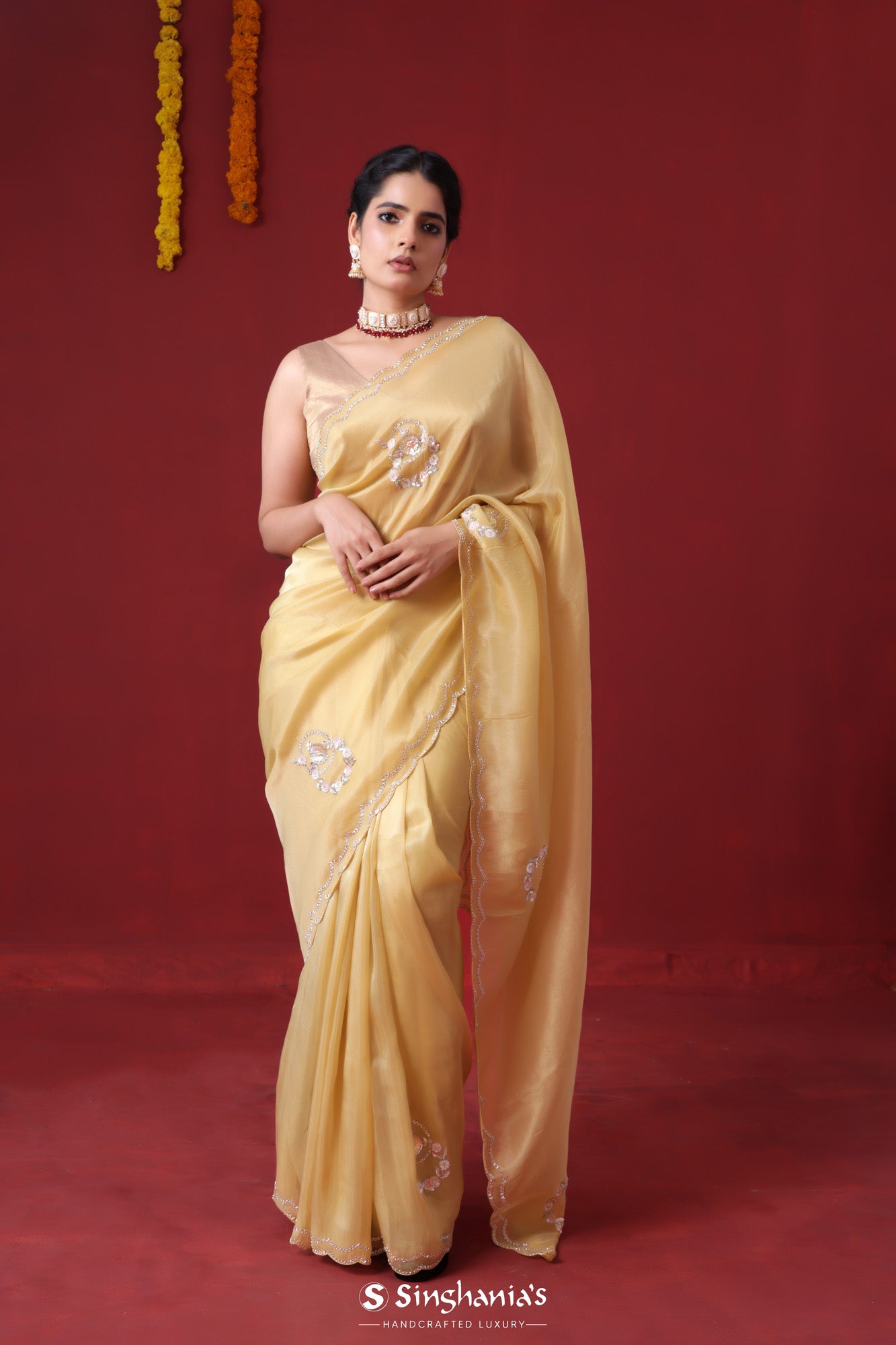 Sand Yellow Tissue Organza Saree With Hand Embroidery