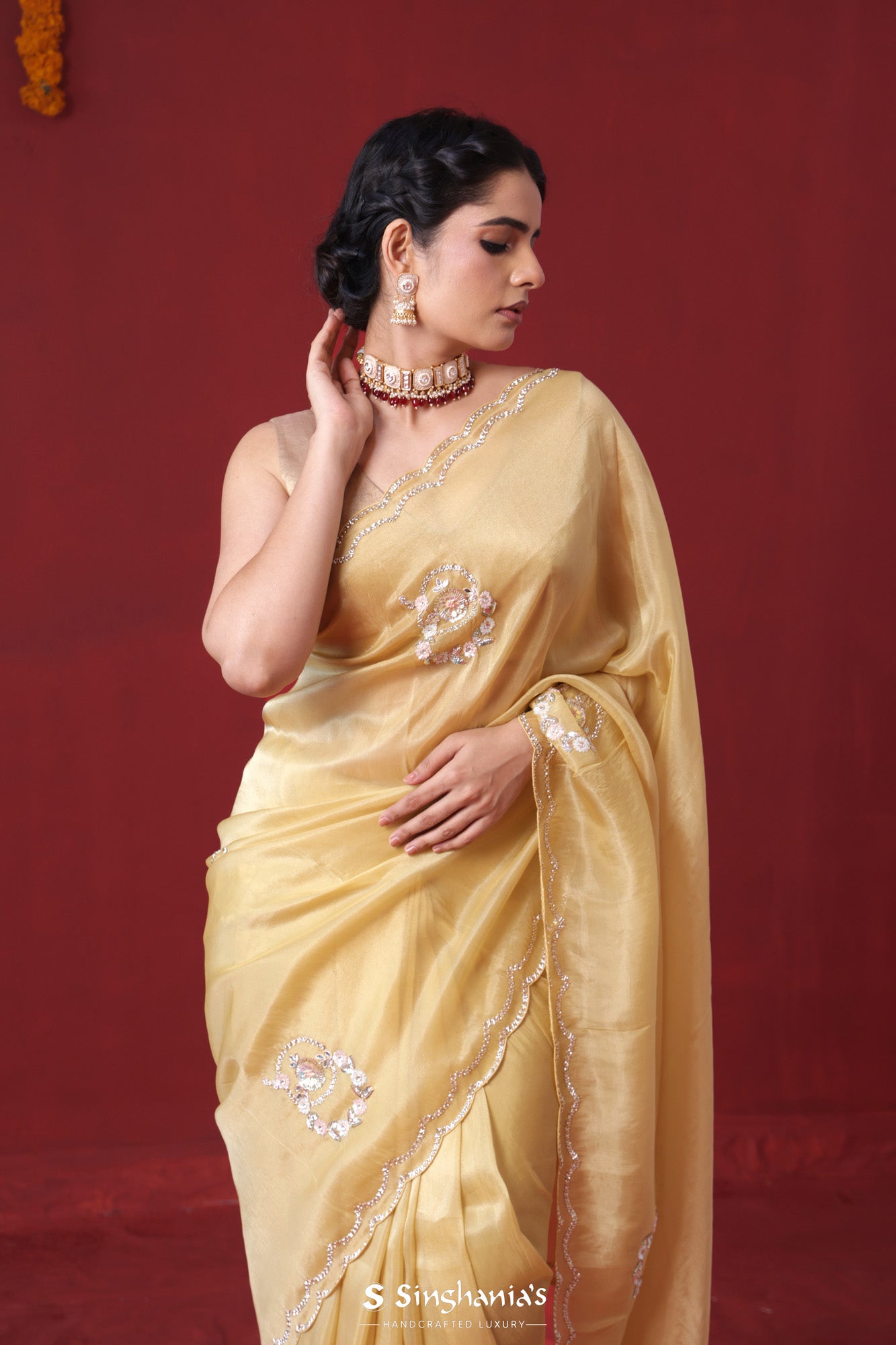 Sand Yellow Tissue Organza Saree With Hand Embroidery