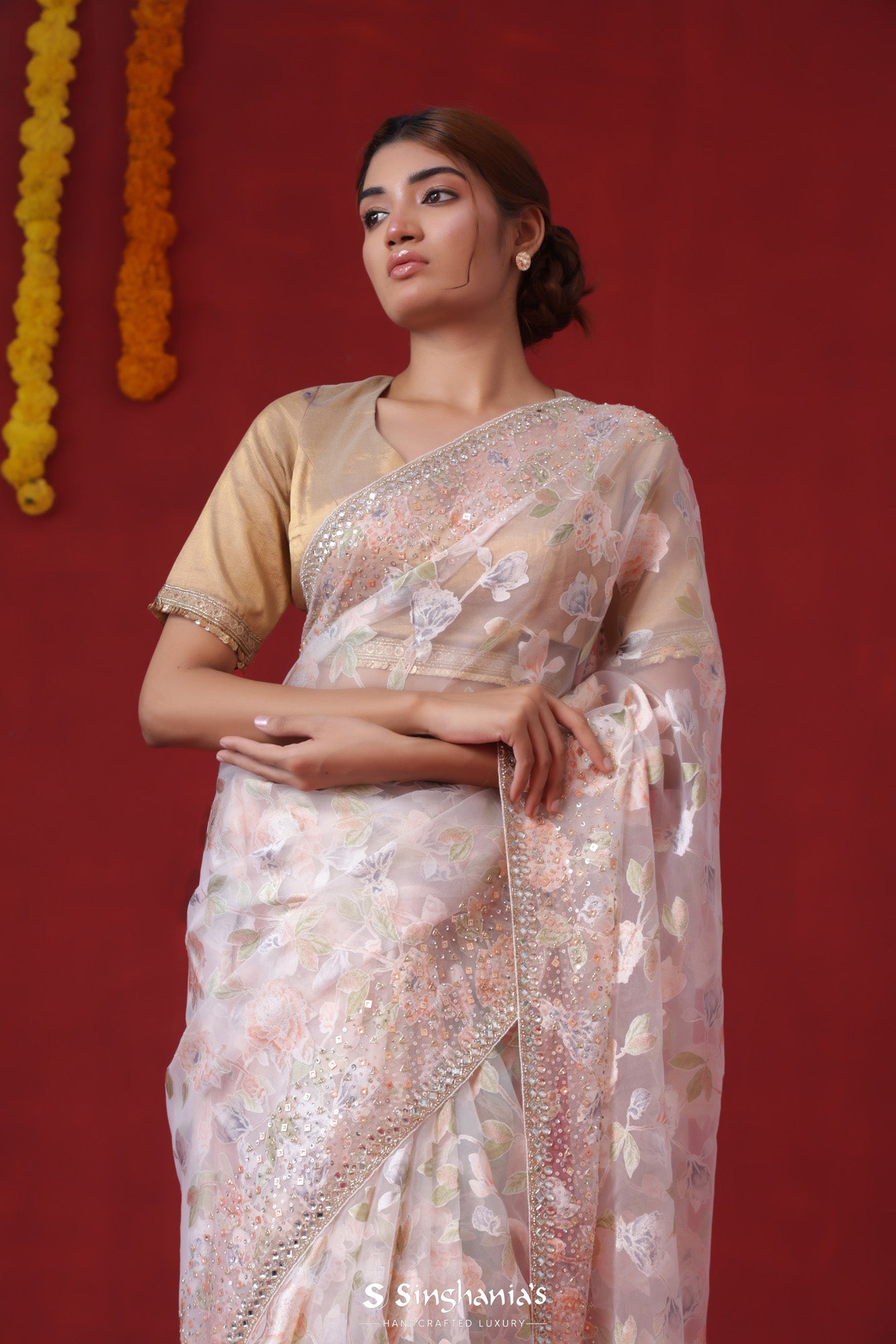 Winter White Printed Organza Saree With Hand Embroidery