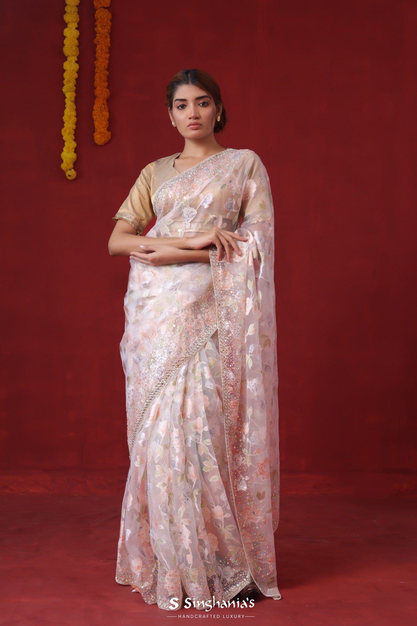Winter White Printed Organza Saree With Hand Embroidery