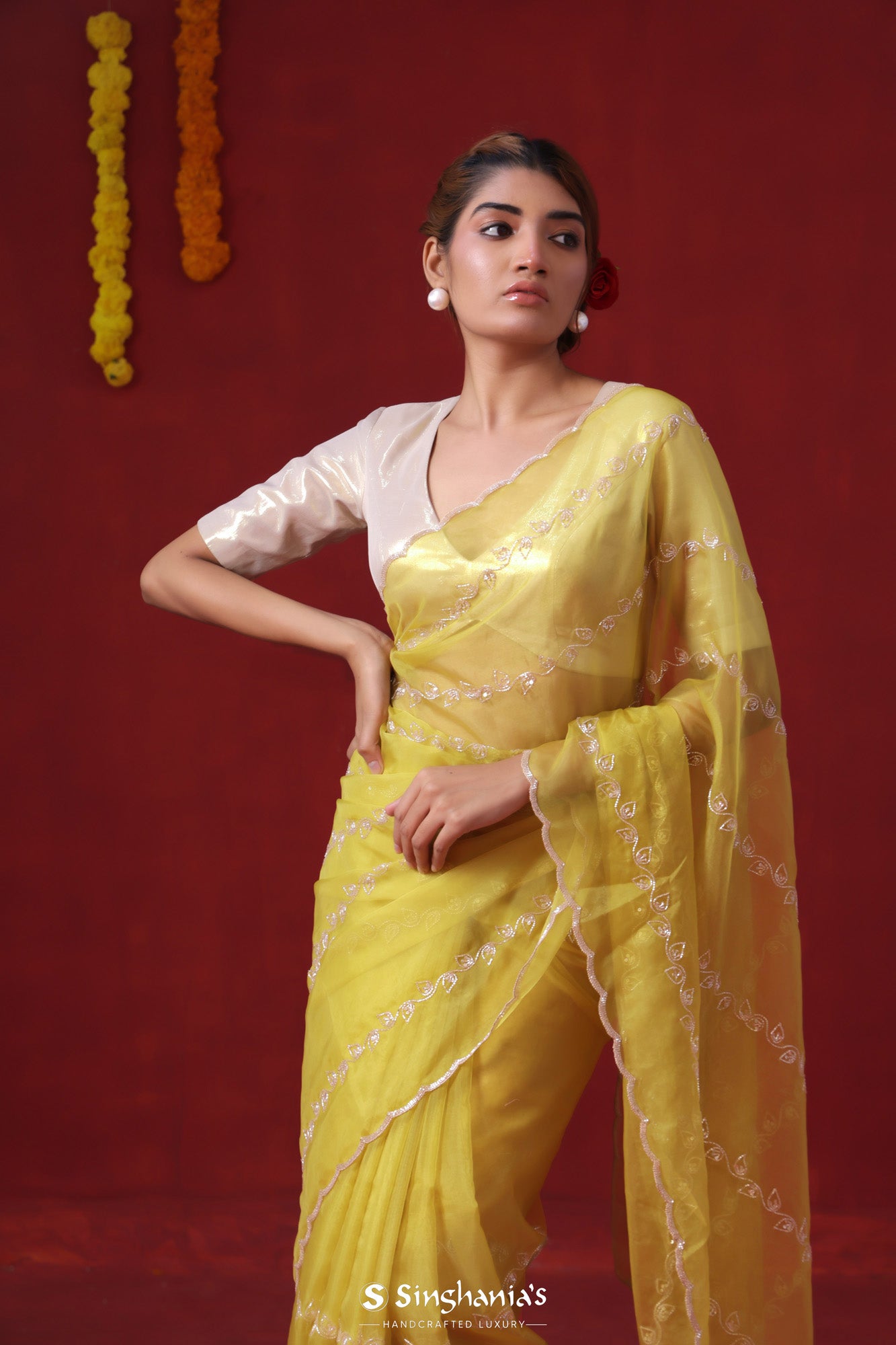 Buy Yellow Saree Chiffon And Blouse Art Organza Embroidered Sequin