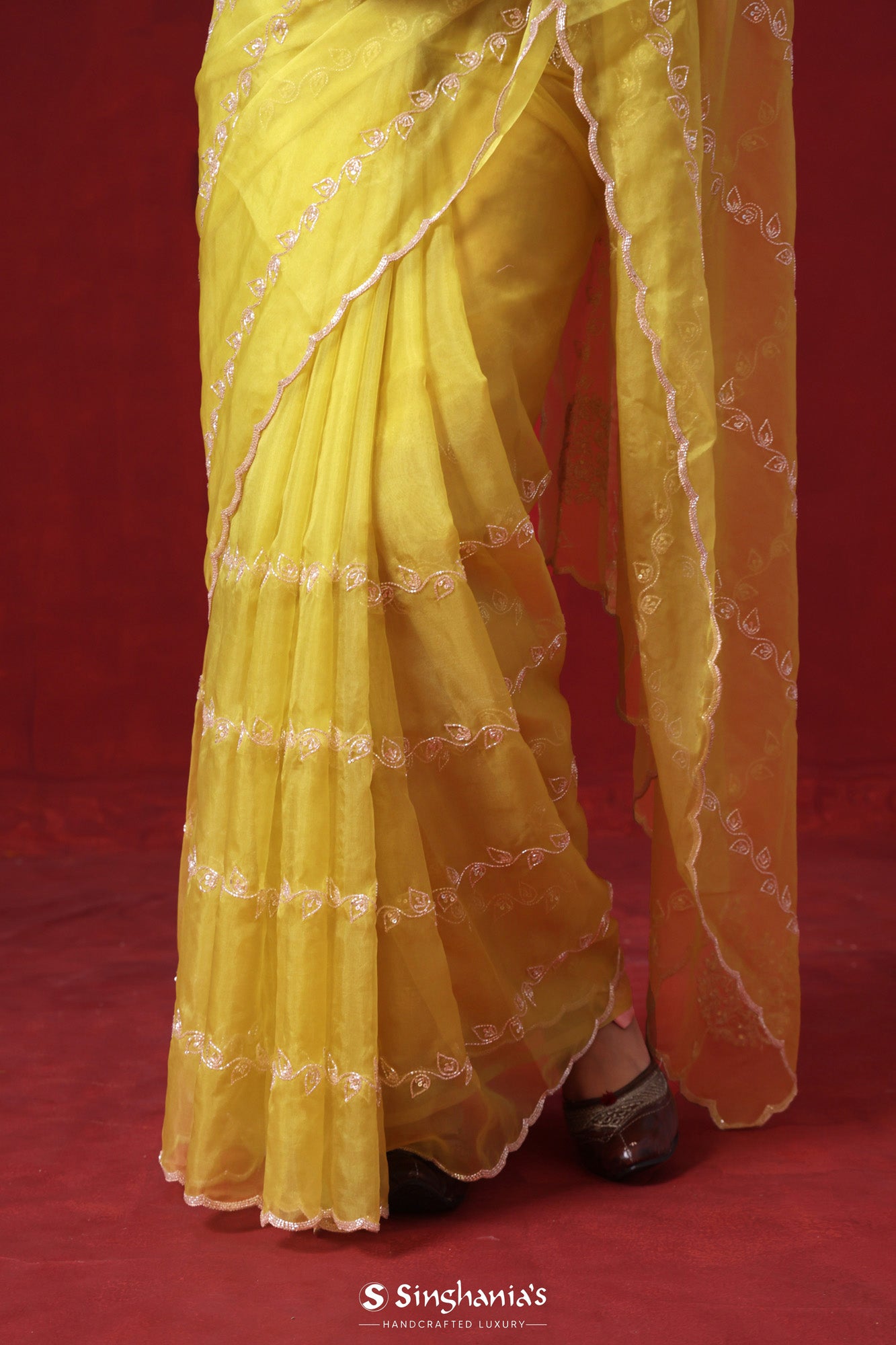 Matte Yellow Tissue Organza Saree With Hand Embroidery