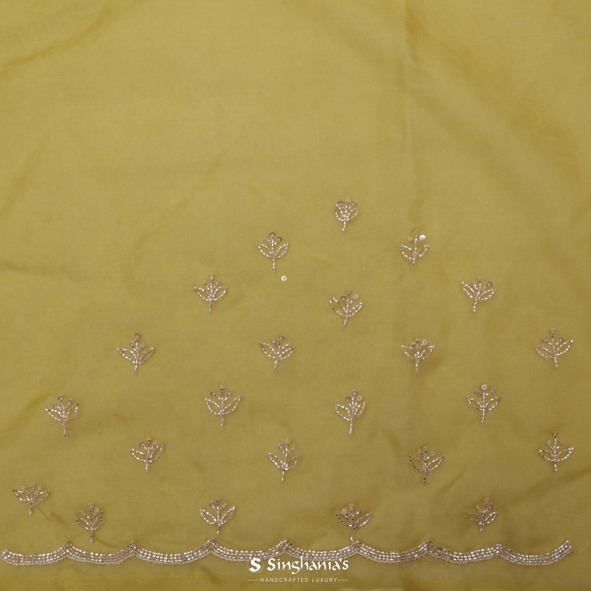Matte Yellow Tissue Organza Saree With Hand Embroidery