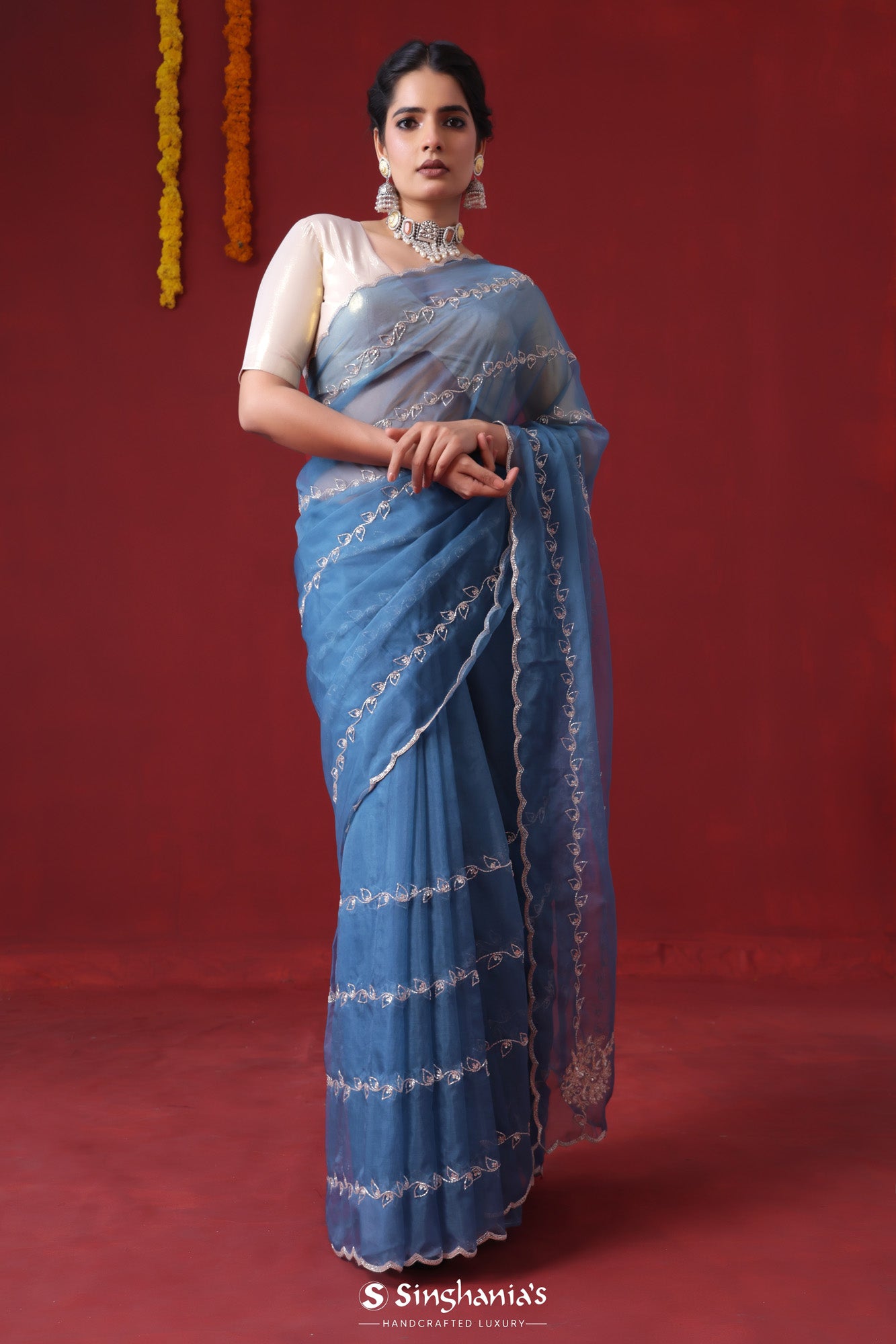 Blue Sapphire Organza Saree With Hand Embroidery