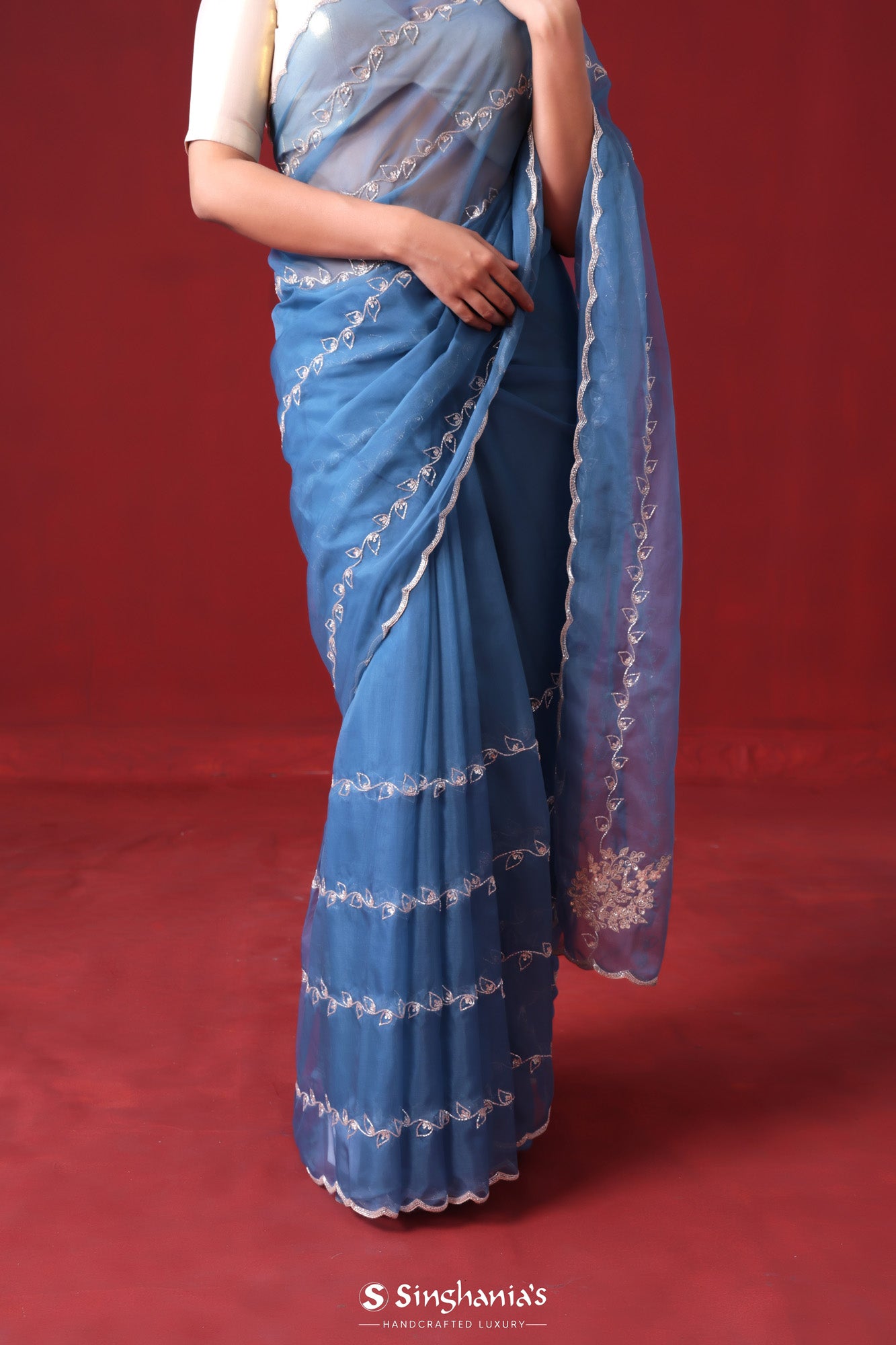 Blue Sapphire Organza Saree With Hand Embroidery