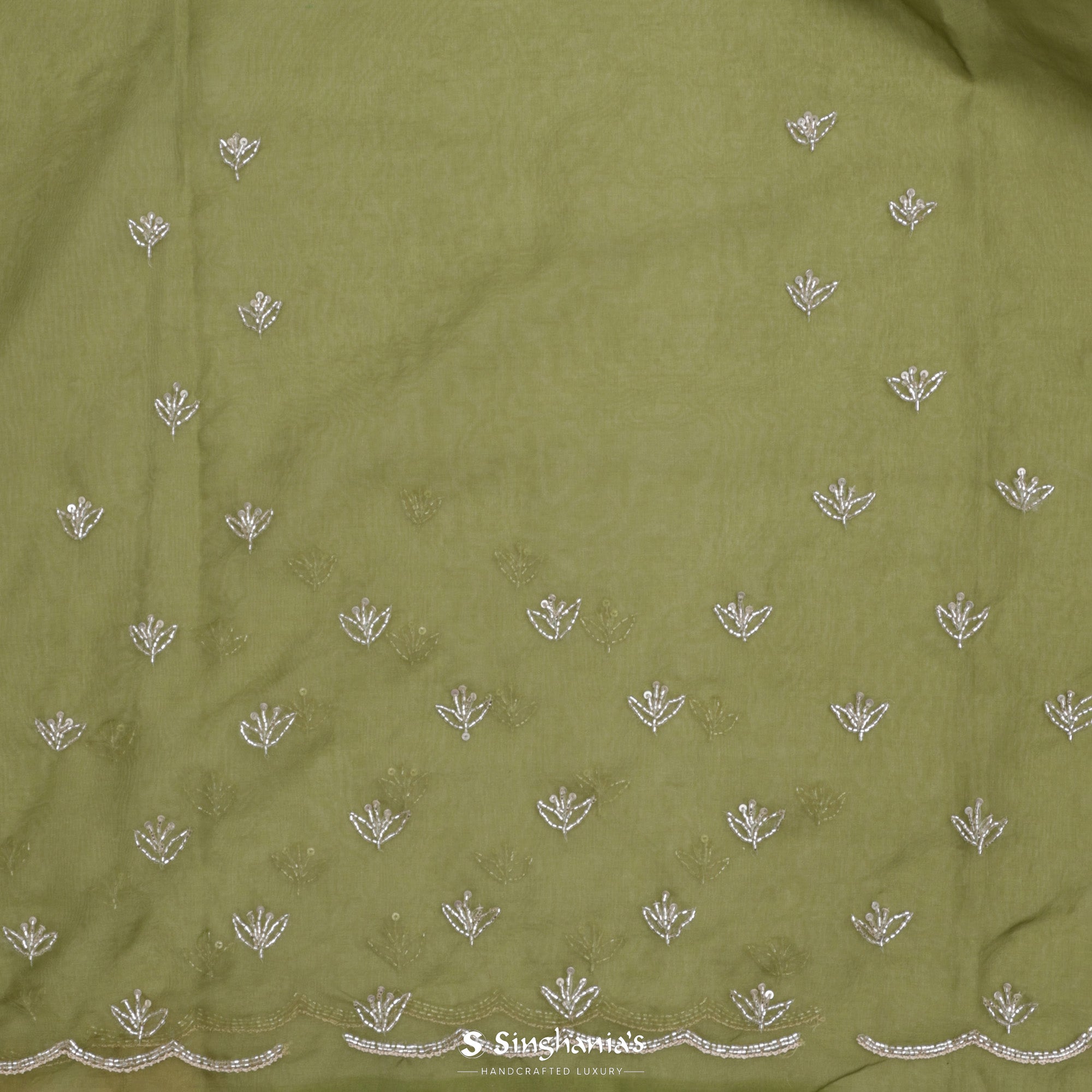 Mehendi Green Organza Saree With Hand Embroidery