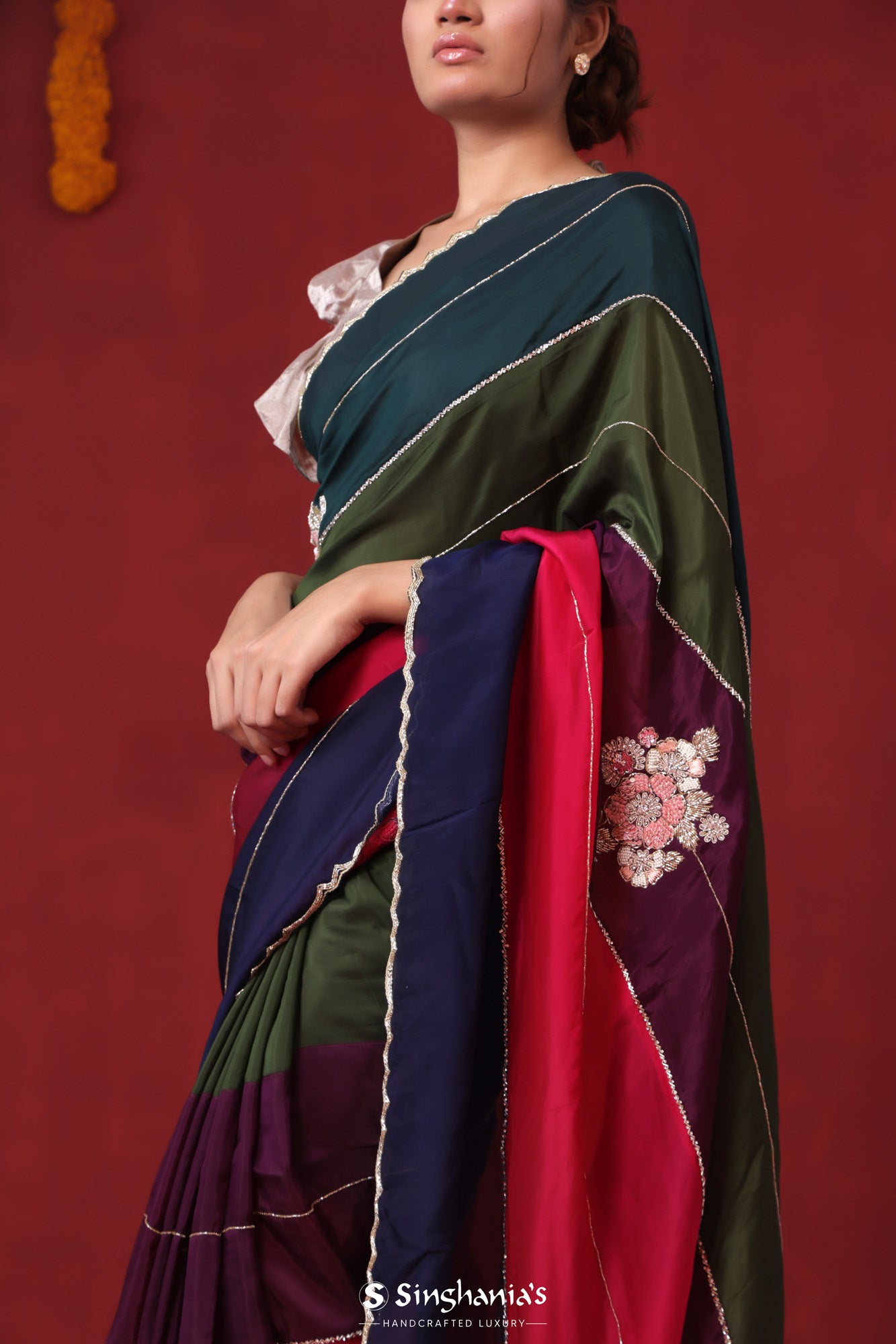 Dark Multi Color Silk Saree With Hand Embroidery