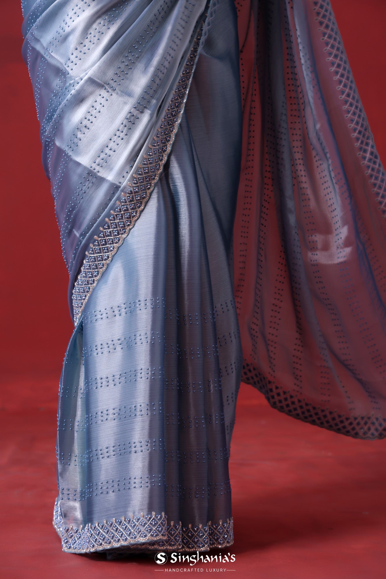 Prussian Blue Tissue Organza Saree With Hand Embroidery