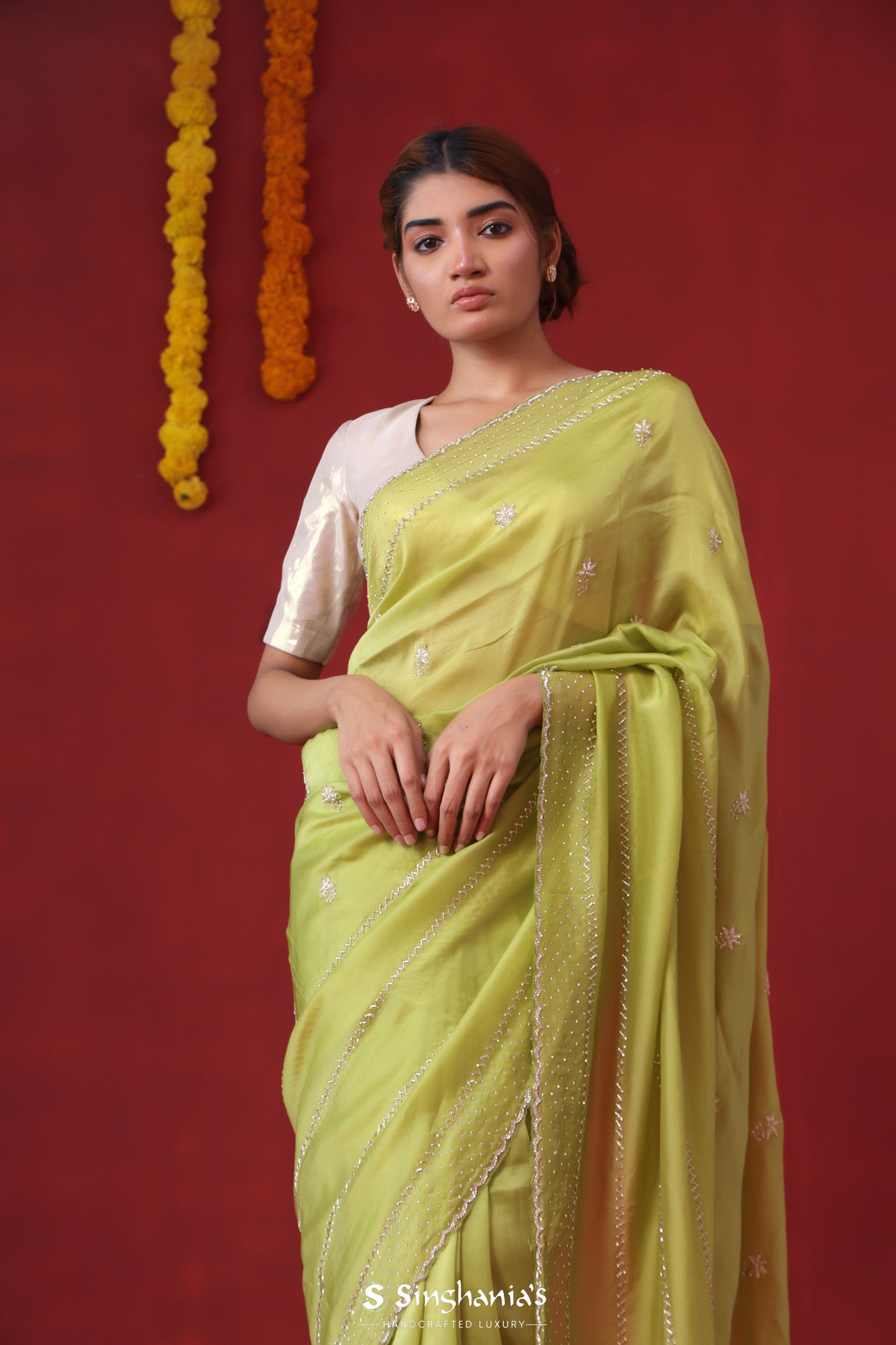 Lime Green Satin Saree With Hand Embroidery