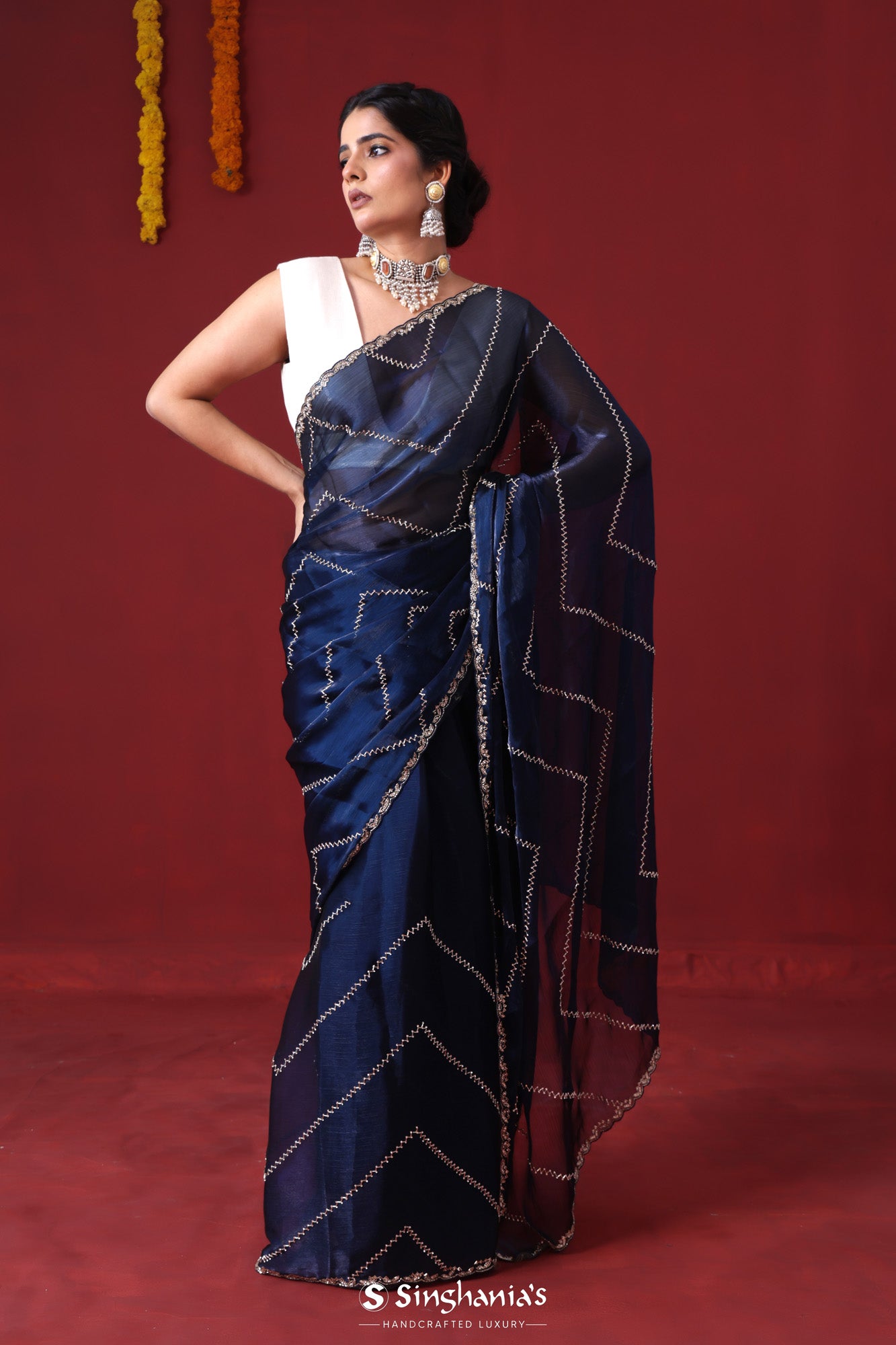 Prussian Blue Tissue Organza Saree With Hand Embroidery