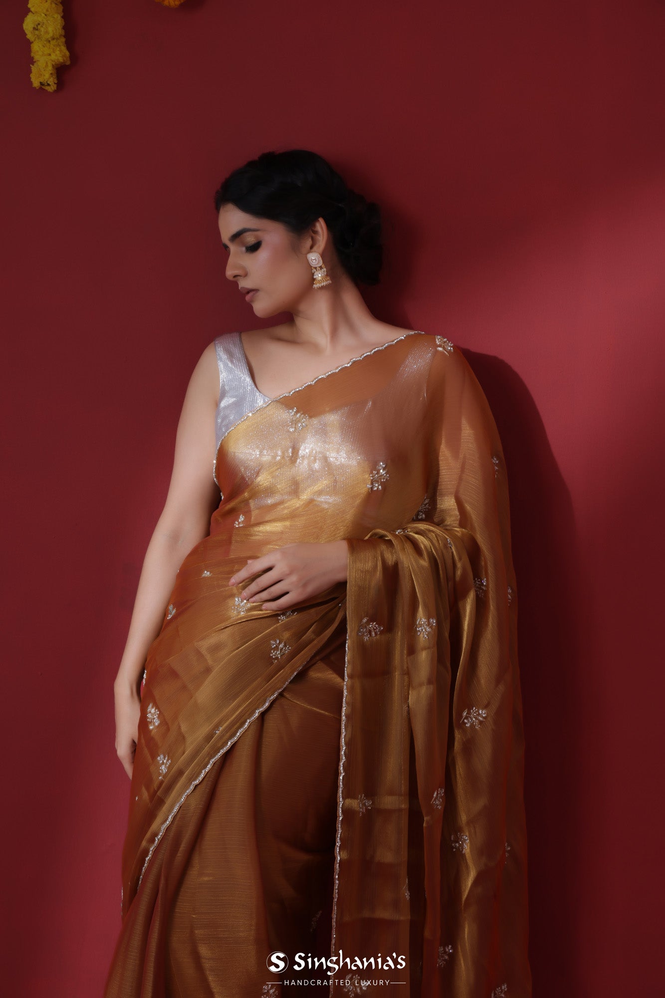 Golden Brown Tissue Organza Saree With Hand Embroidery