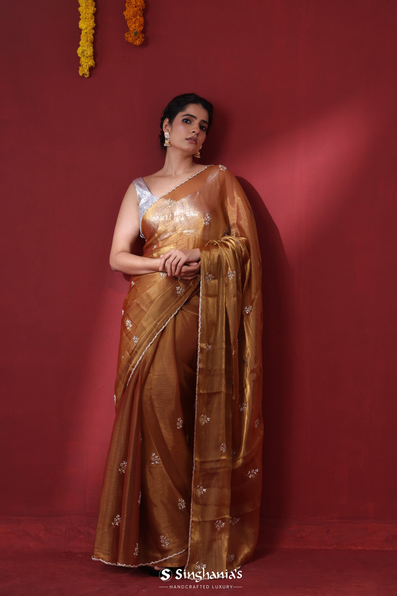 Golden Brown Tissue Organza Saree With Hand Embroidery