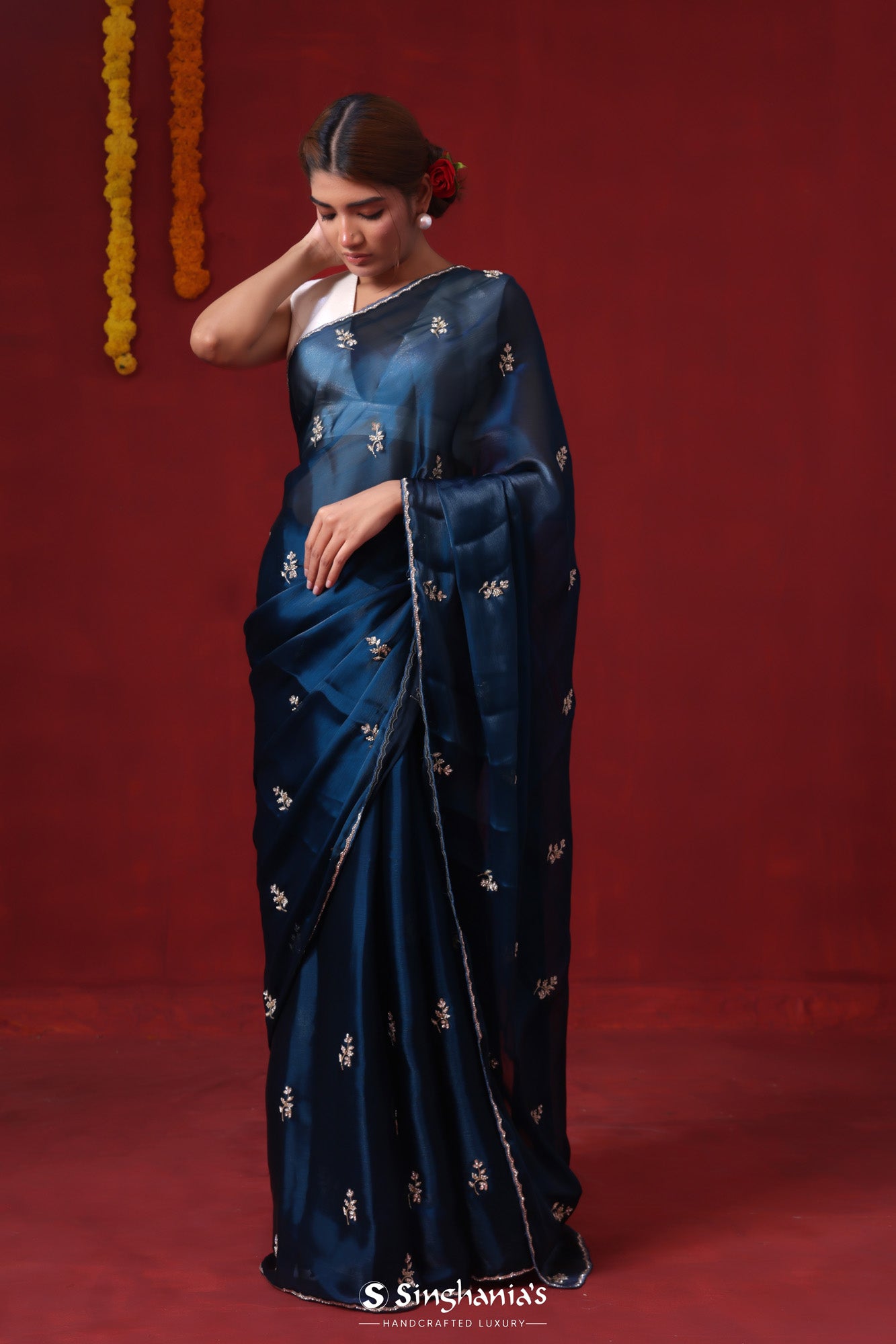 Oxford Blue Tissue Organza Saree With Hand Embroidery