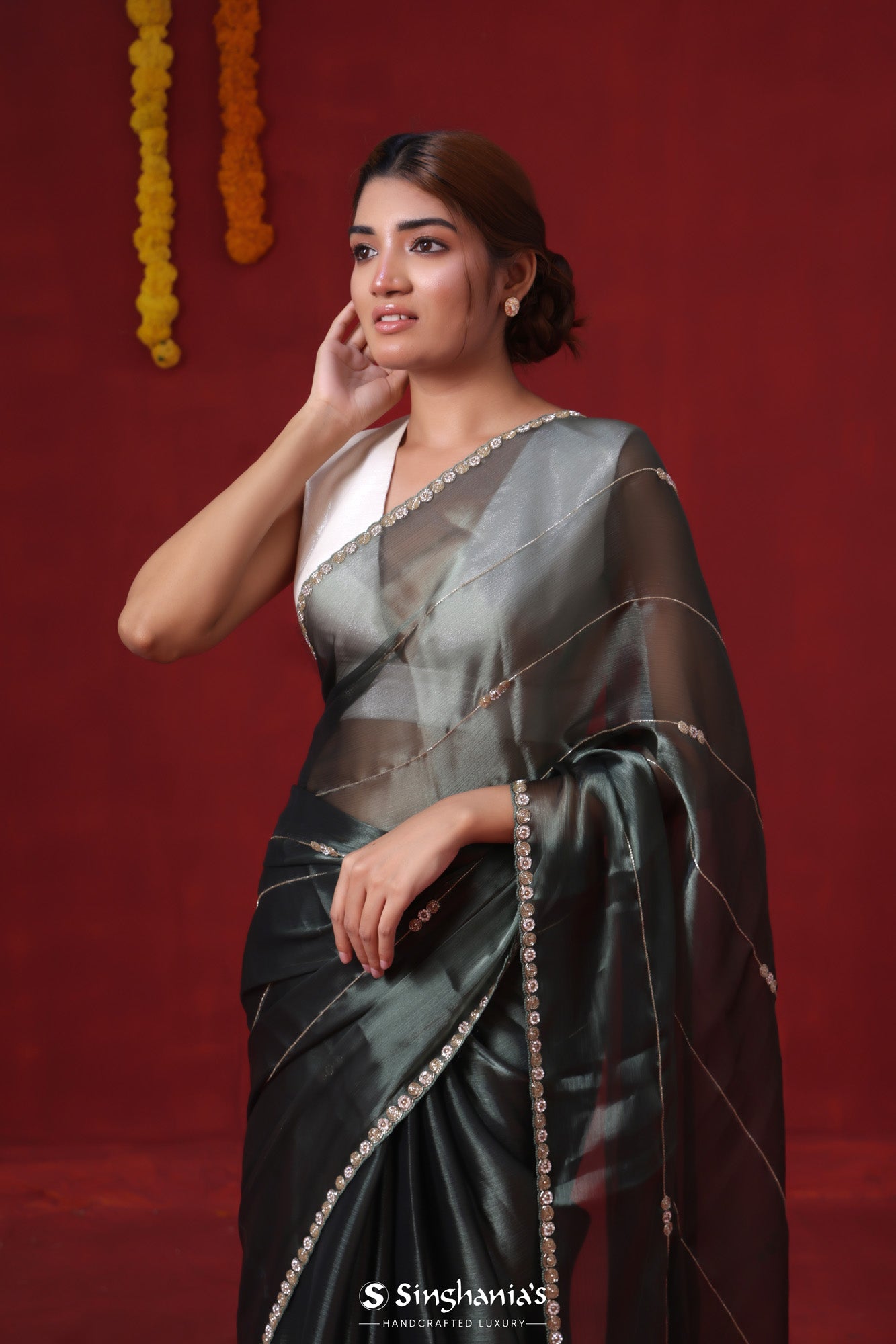 Rifle Green Tissue Organza Saree With Hand Embroidery
