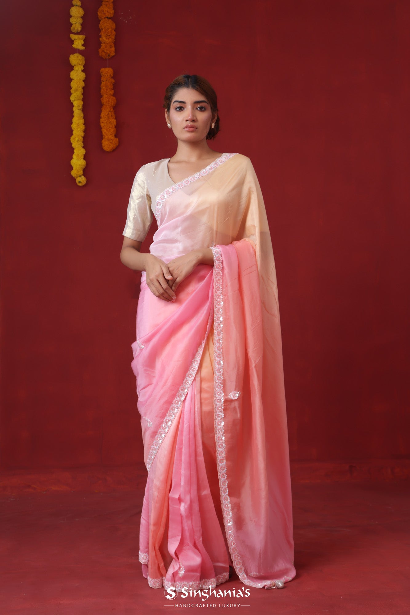 Pastel Peach-Pink Tissue Organza Saree With Hand Embroidery