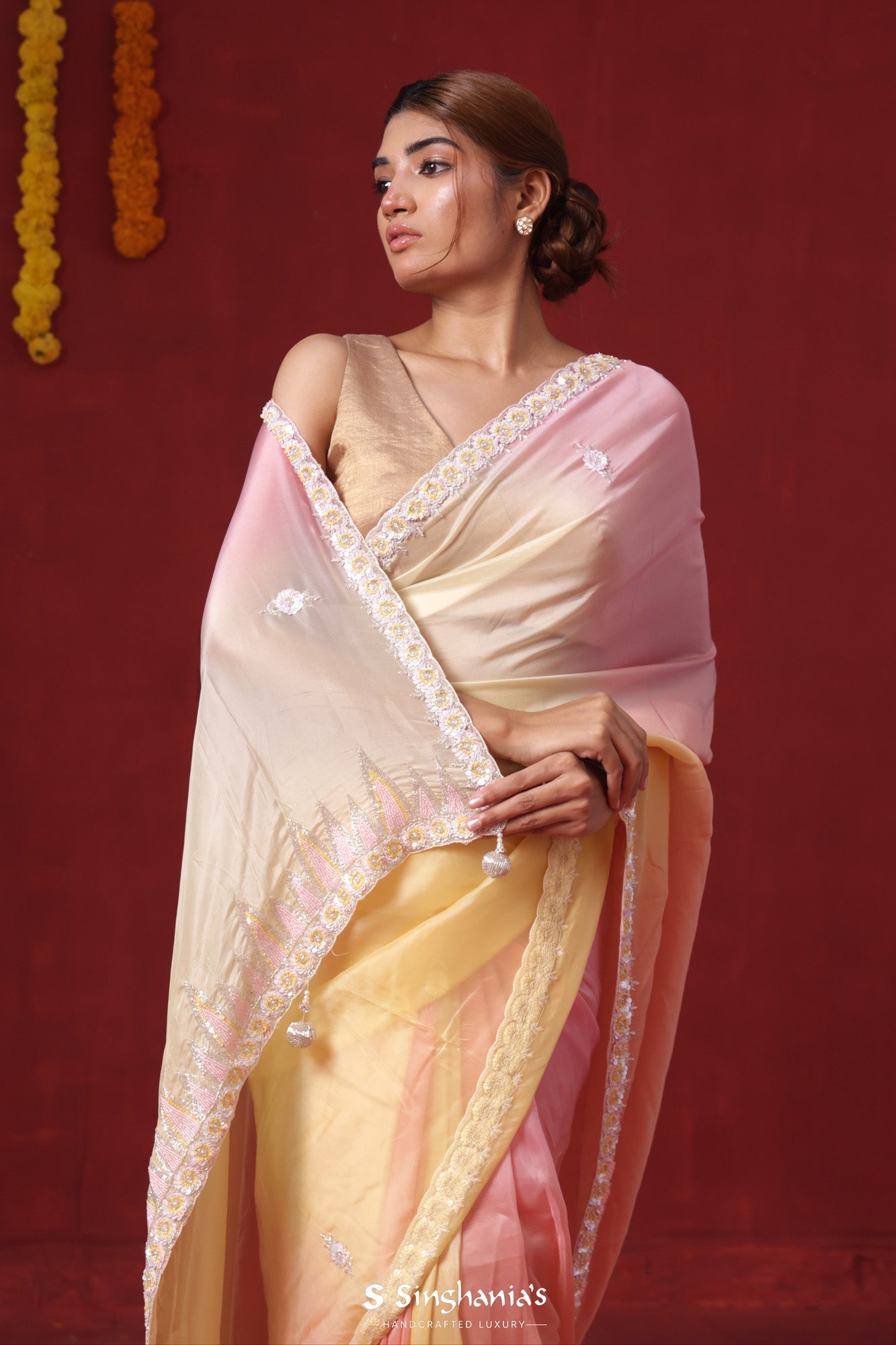 Pastel Peach-Yellow Organza Saree With Hand Embroidery