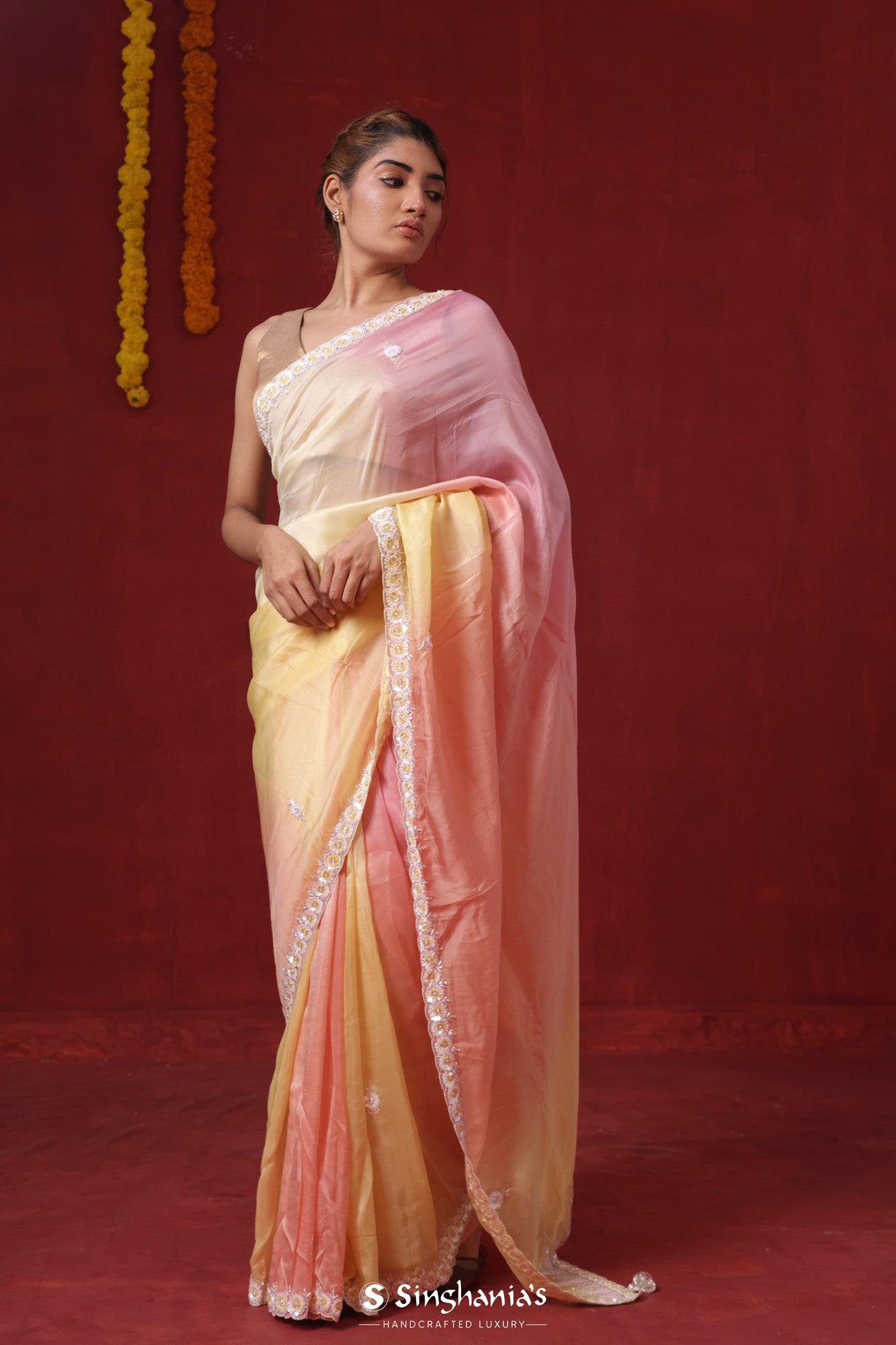 Pastel Peach-Yellow Organza Saree With Hand Embroidery