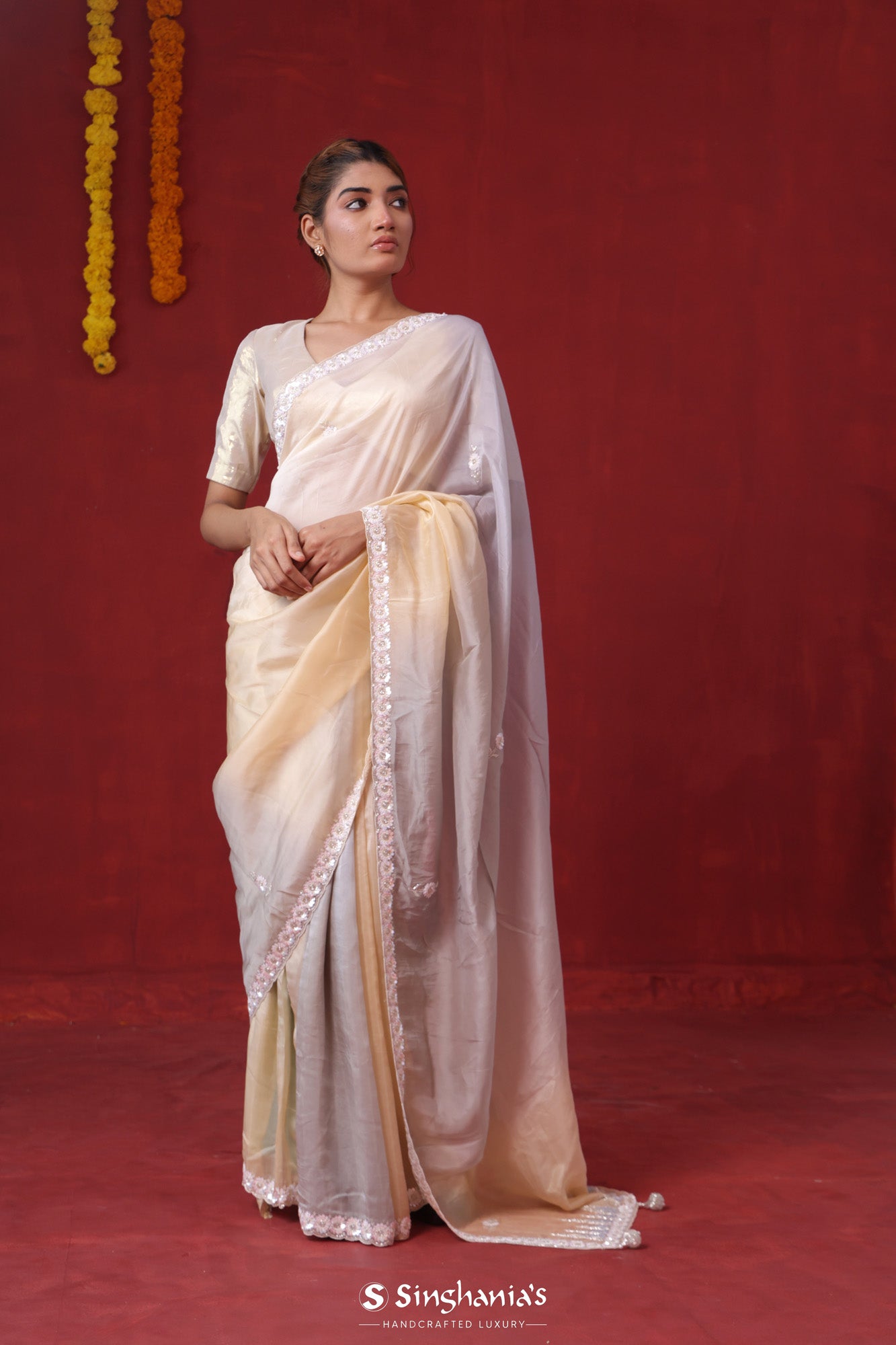 Pastel Purple-Yellow Organza Saree With Hand Embroidery
