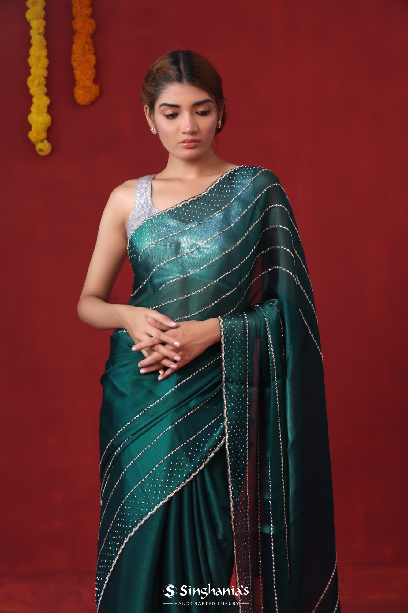 Deep Jungle Green Tissue Organza Saree With Hand Embroidery