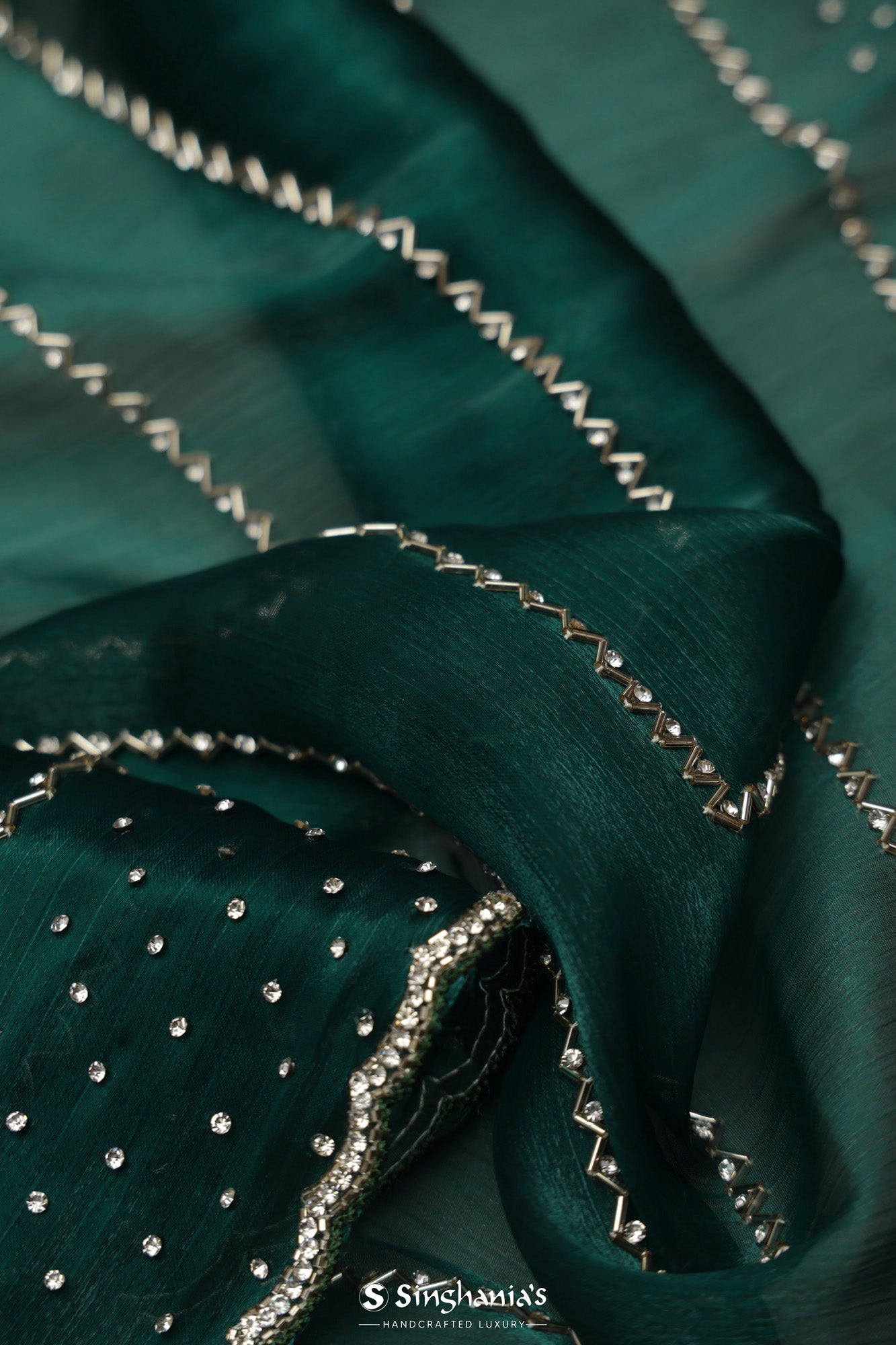 Deep Jungle Green Tissue Organza Saree With Hand Embroidery