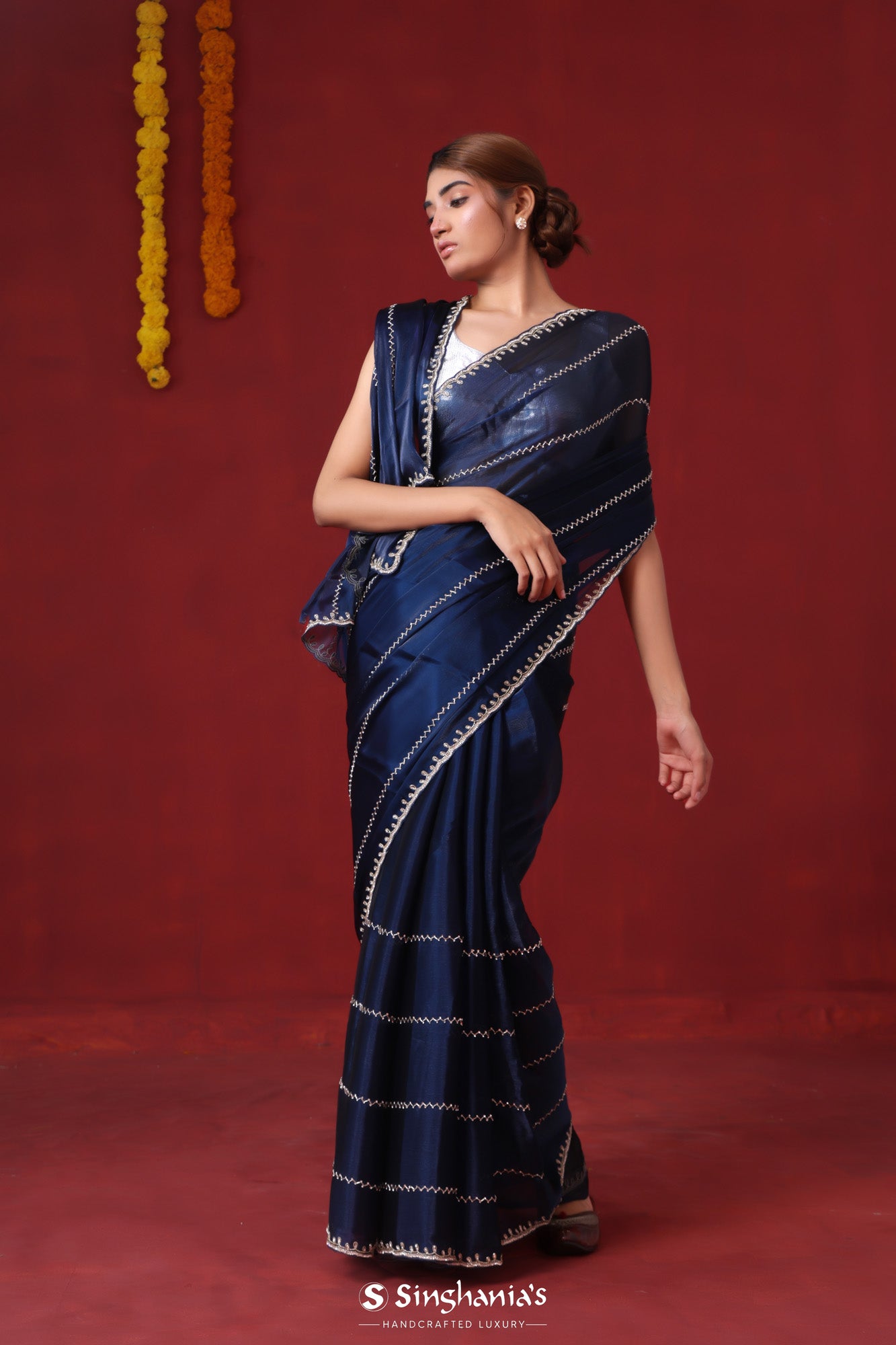 Admiral Blue Tissue Organza Saree With Hand Embroidery