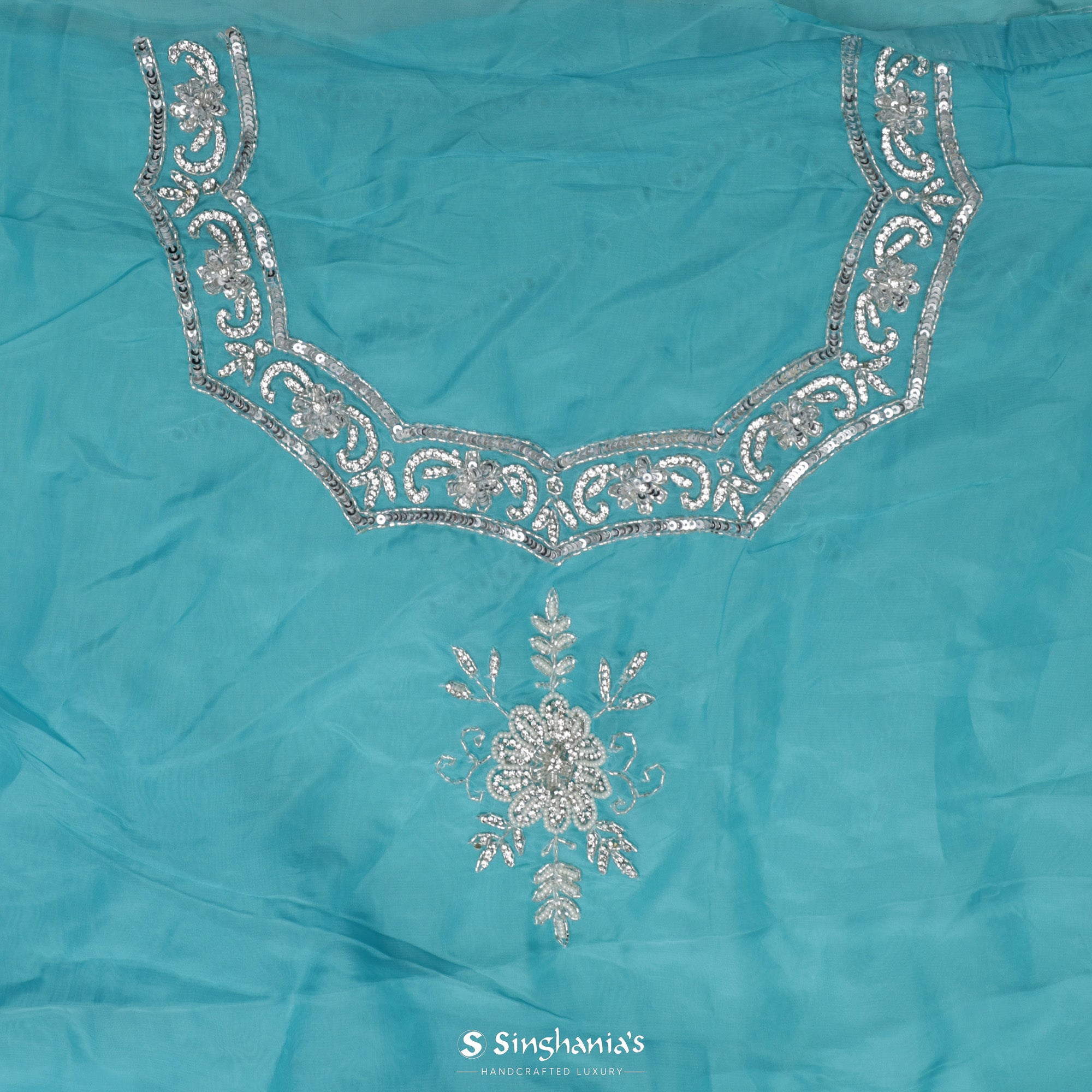 Bright Blue Organza Saree With Hand Embroidery
