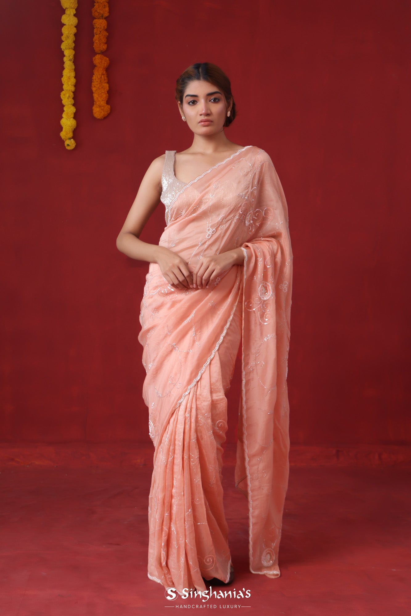 Peach Organza Saree With Hand Embroidery