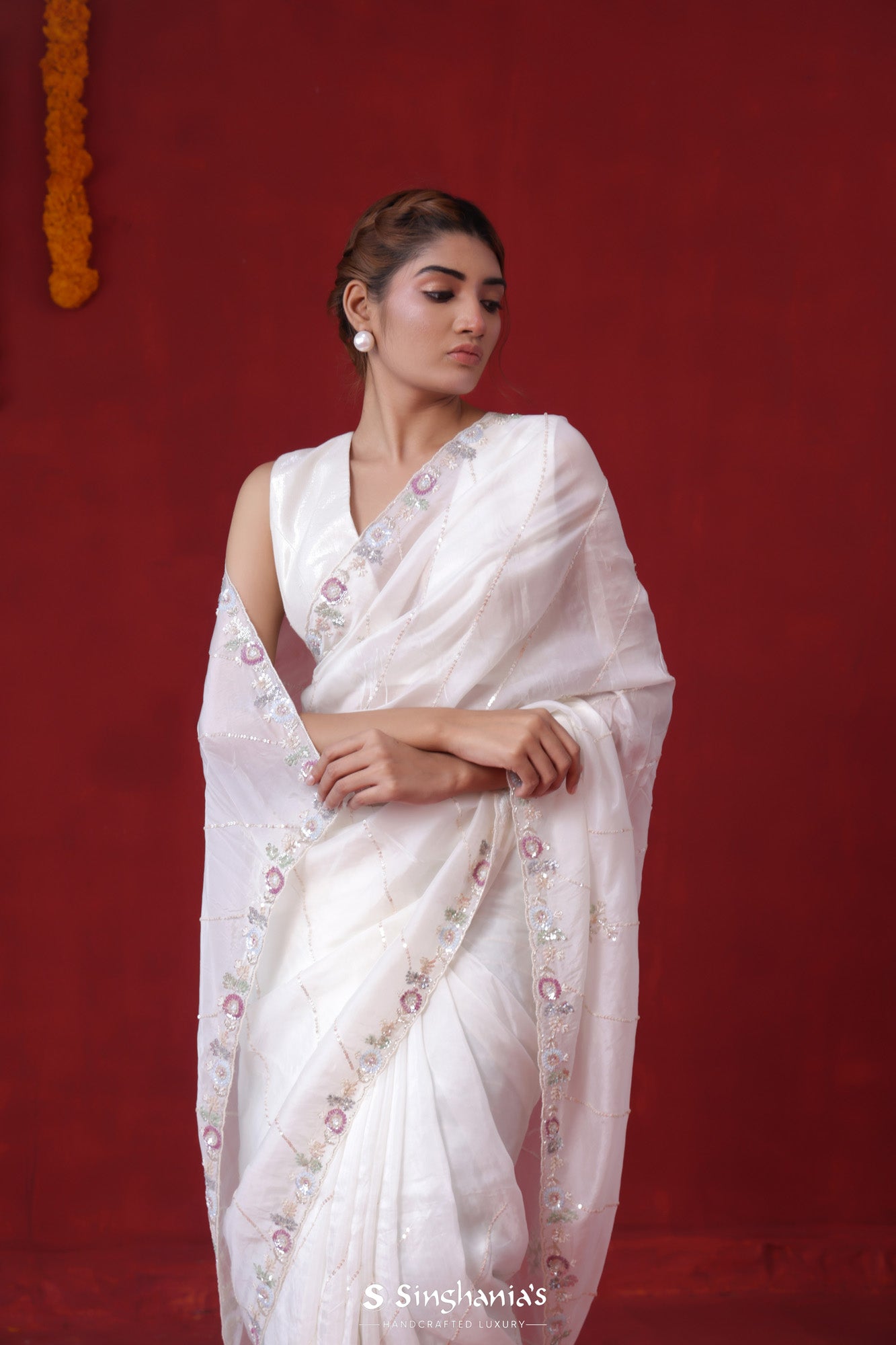 Dull White Organza Saree With Hand Embroidery