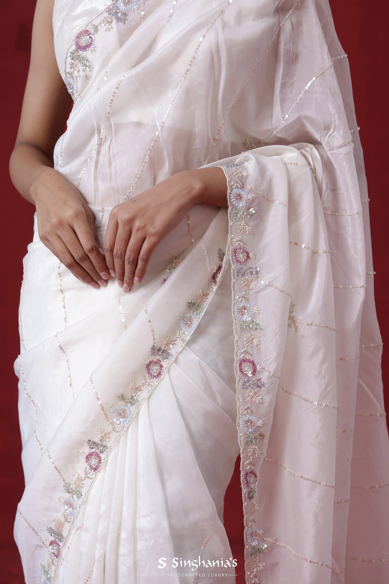 Dull White Organza Saree With Hand Embroidery