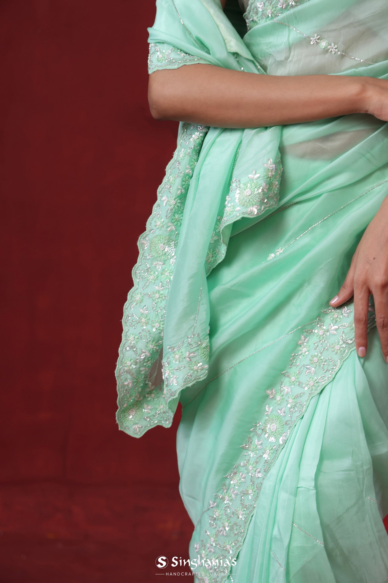Bright Mint Green Organza Saree With Hand Embroidery