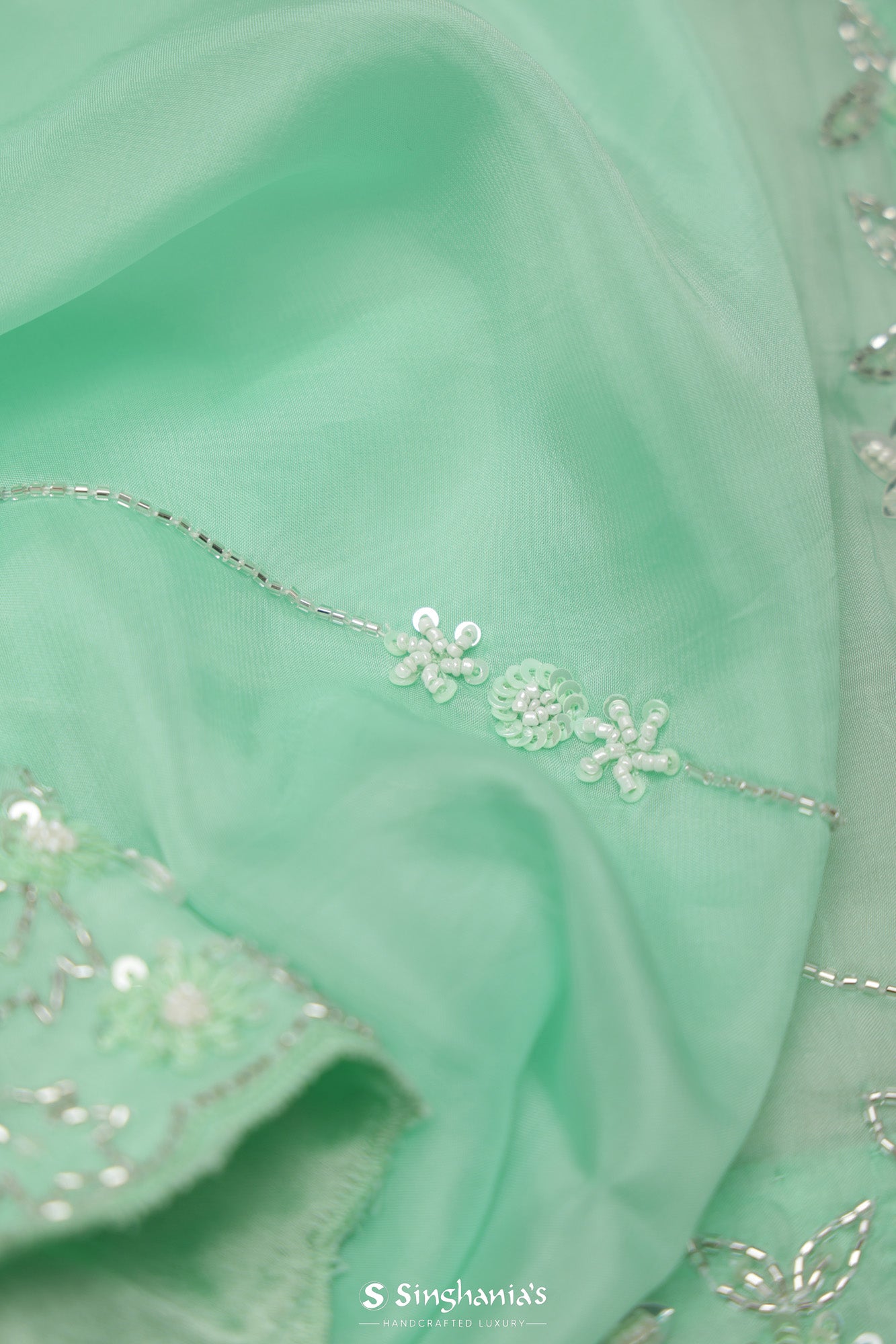 Bright Mint Green Organza Saree With Hand Embroidery