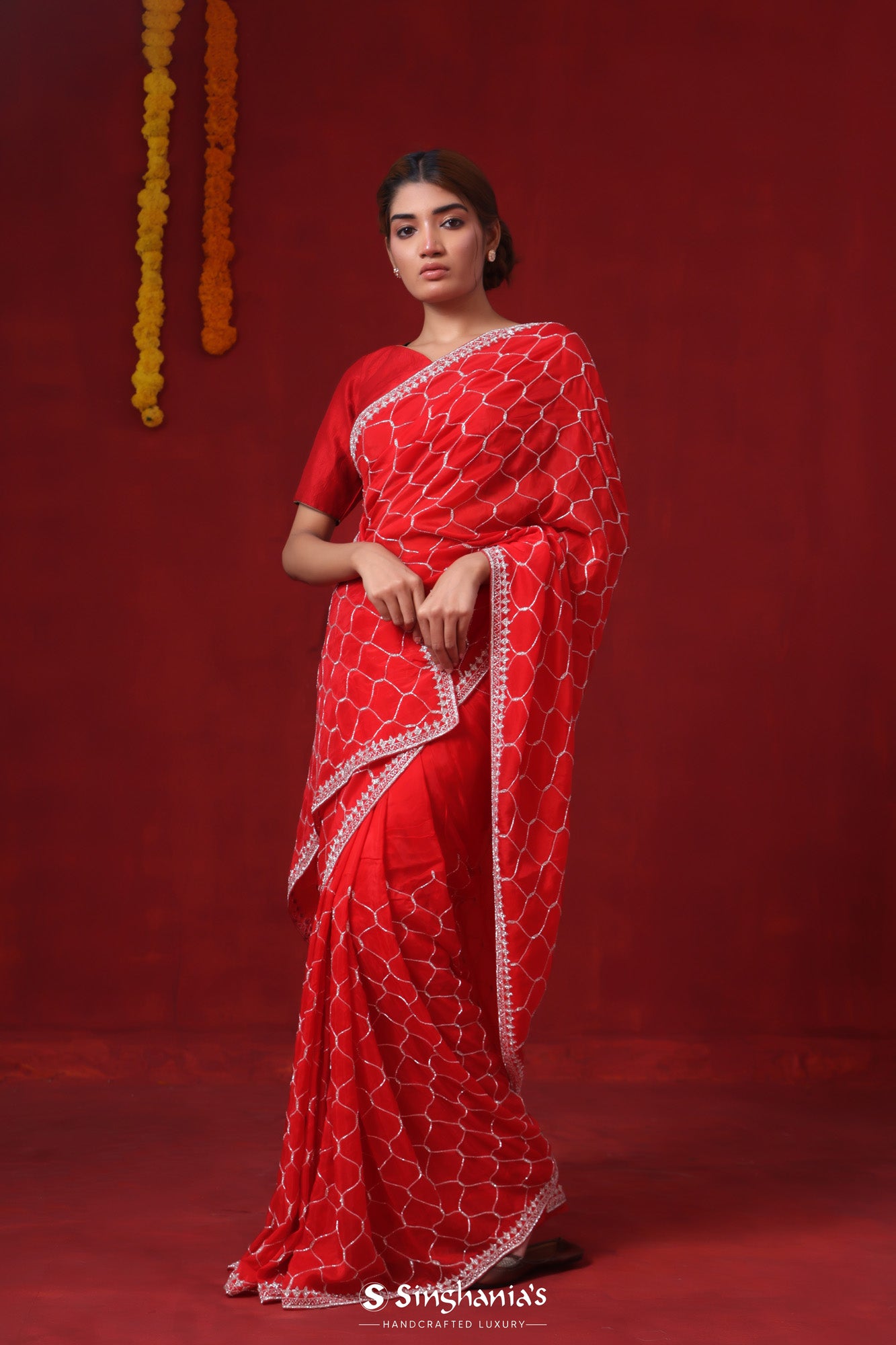Chilli Red Organza Saree With Hand Embroidery