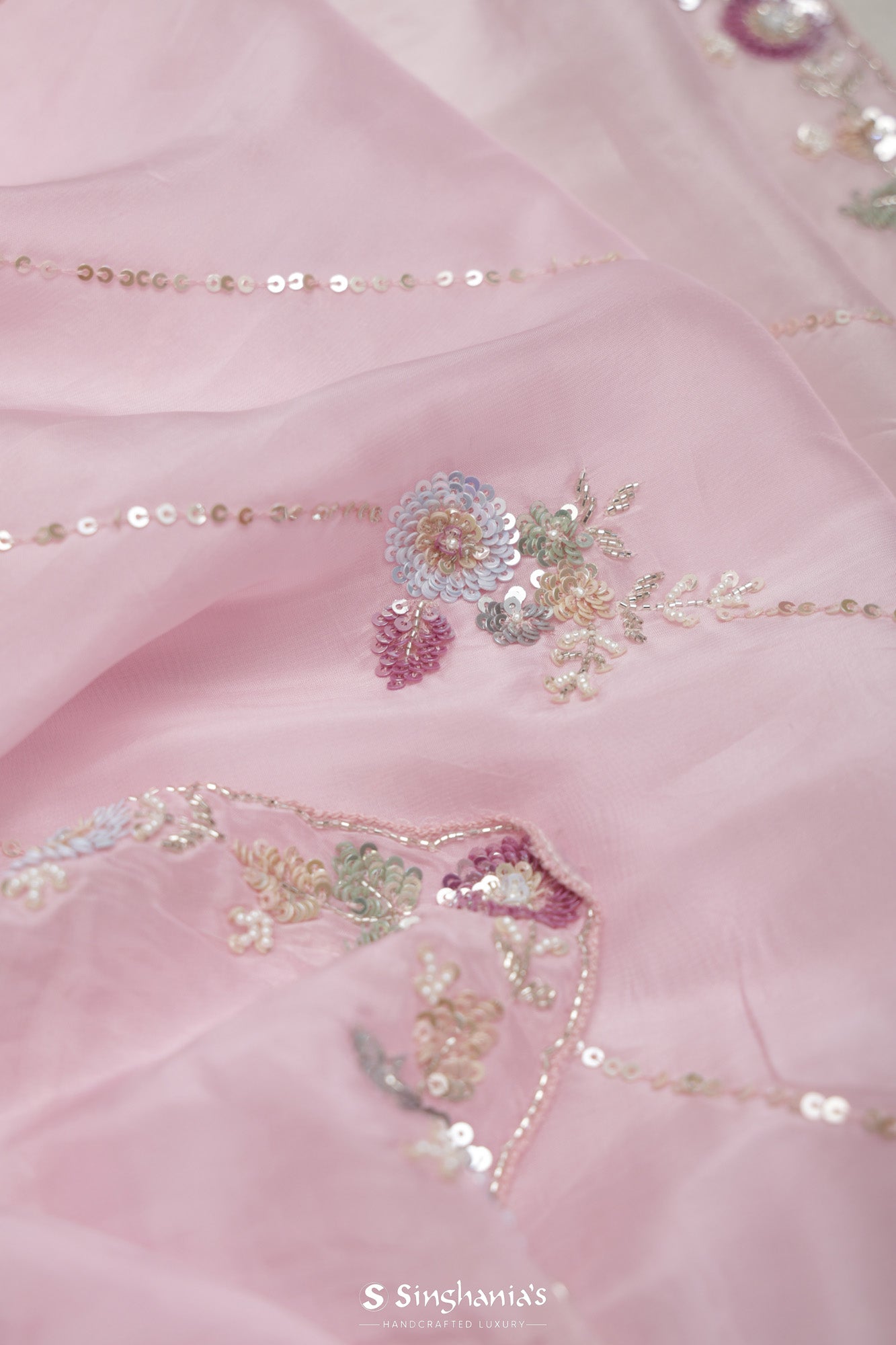 Taffy Pink Tissue Organza Saree With Hand Embroidery
