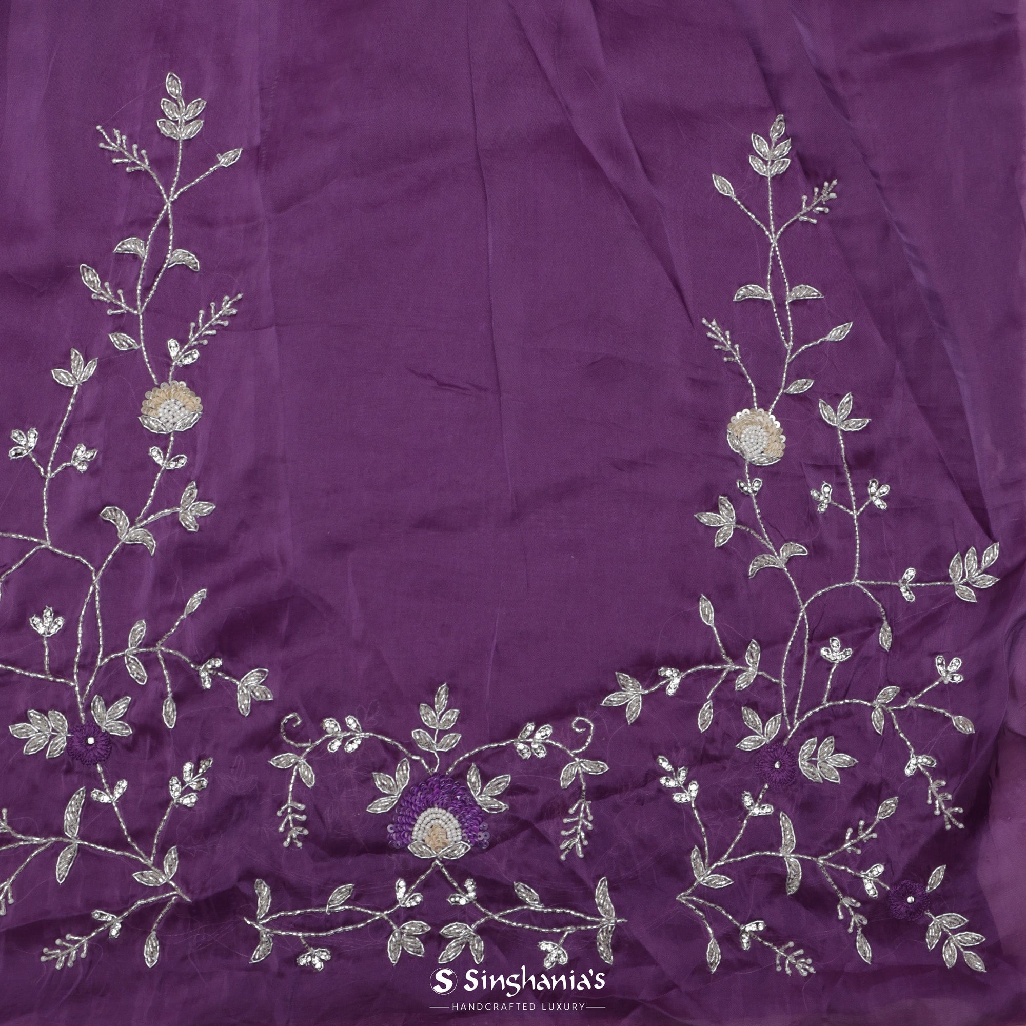 Fuchsia Blue Organza Saree With Hand Embroidery