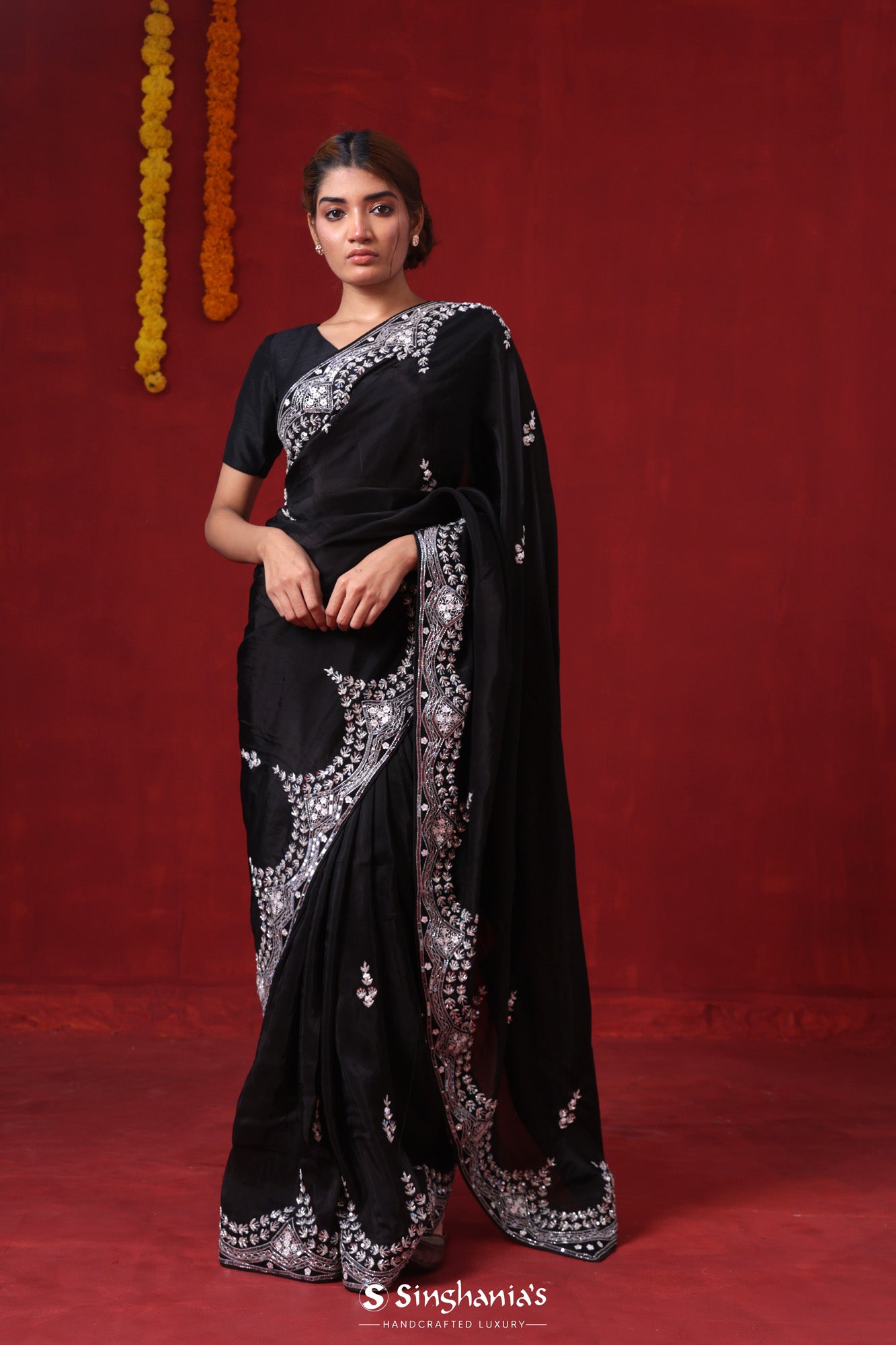 Night Black Tissue Organza Saree With Hand Embroidery