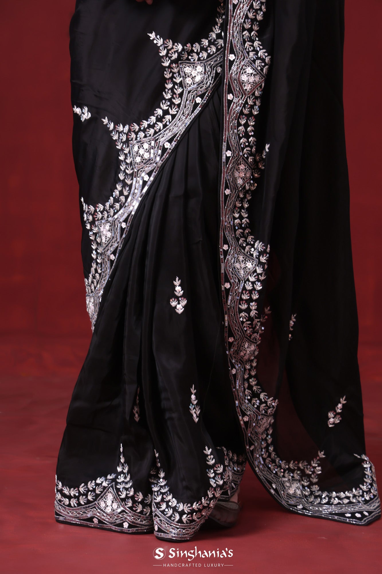 Night Black Tissue Organza Saree With Hand Embroidery