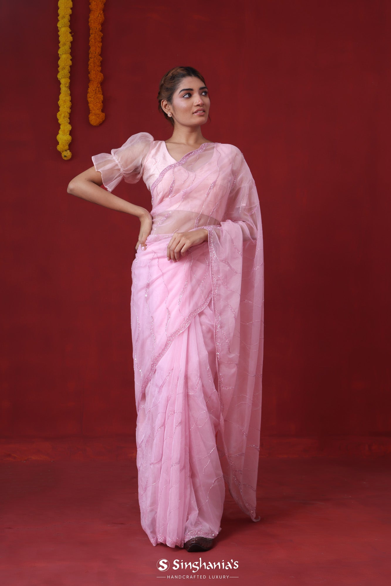 Persian Pink Tissue Organza Saree With Hand Embroidery