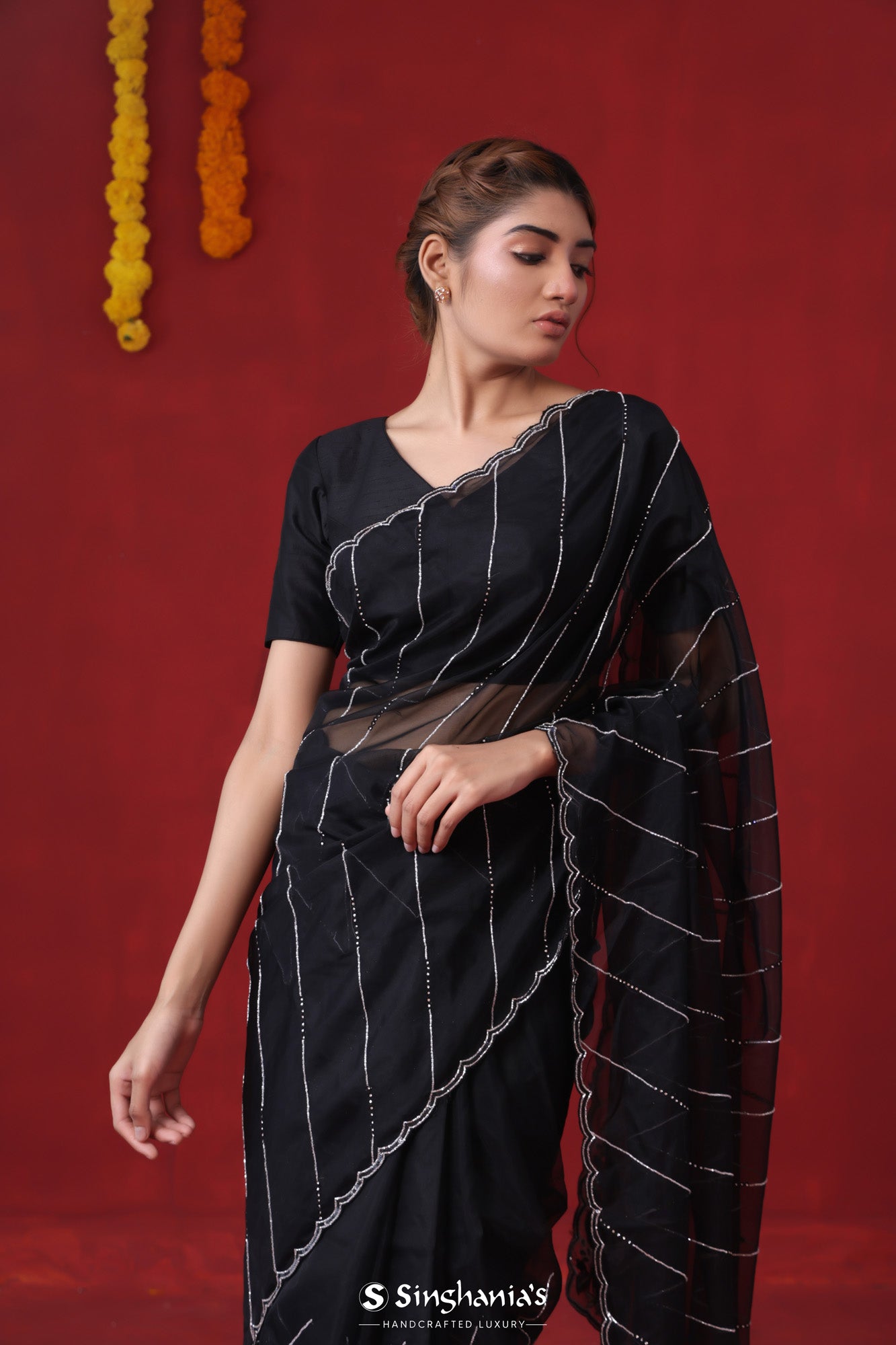Black Tissue Organza Saree With Hand Embroidery