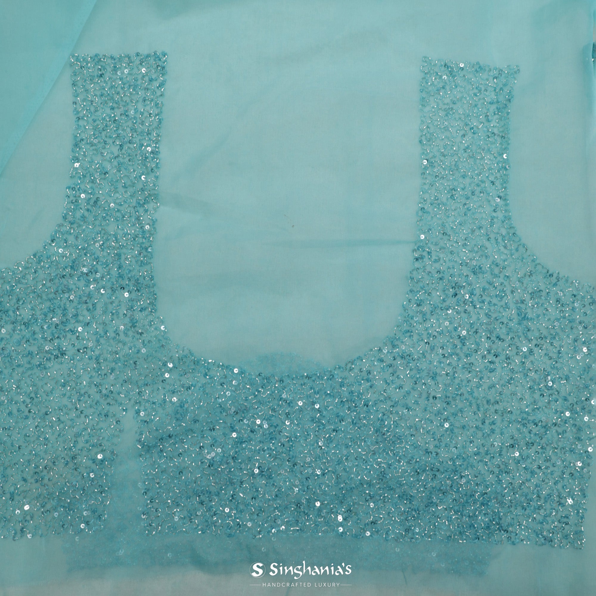 Aquamarine Blue Tissue Organza Saree With Hand Embroidery
