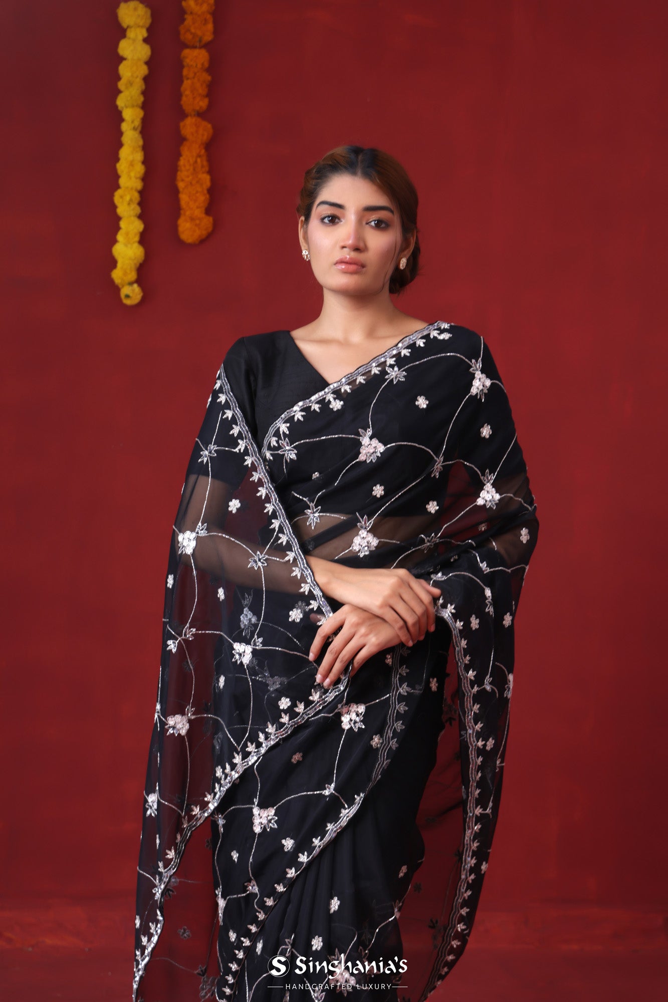 Matte Black Organza Saree With Hand Embroidery