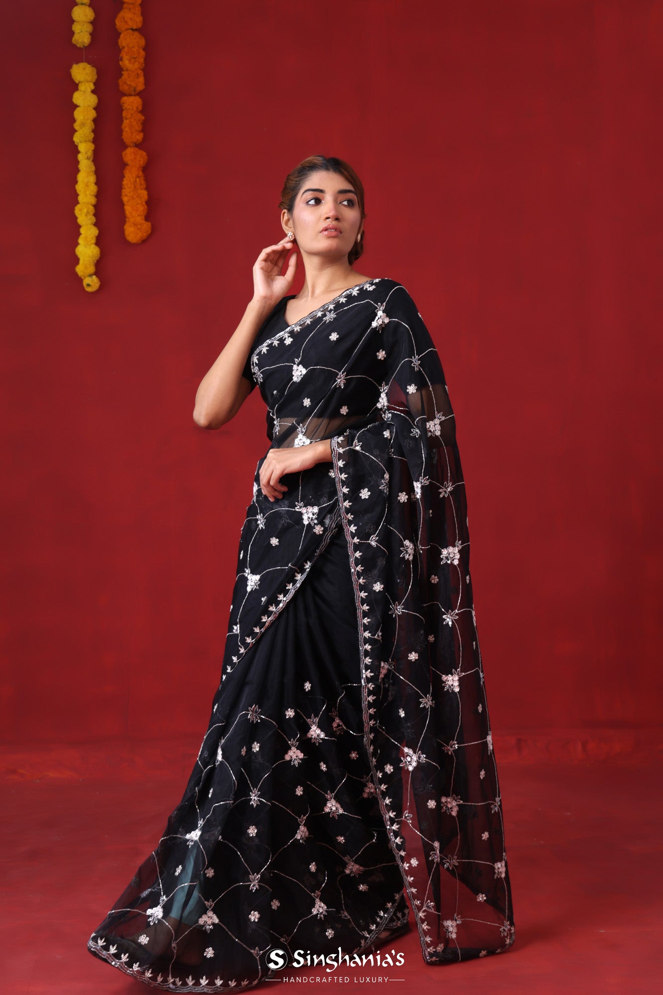 Matte Black Organza Saree With Hand Embroidery