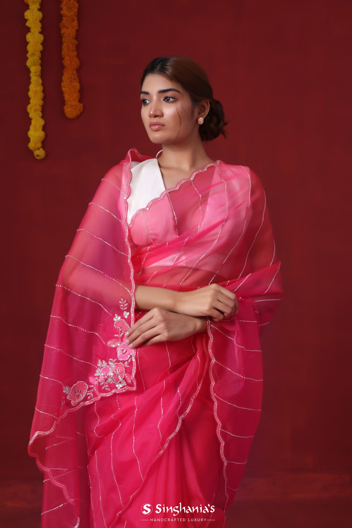 Cerise Red Tissue Organza Saree With Hand Embroidery