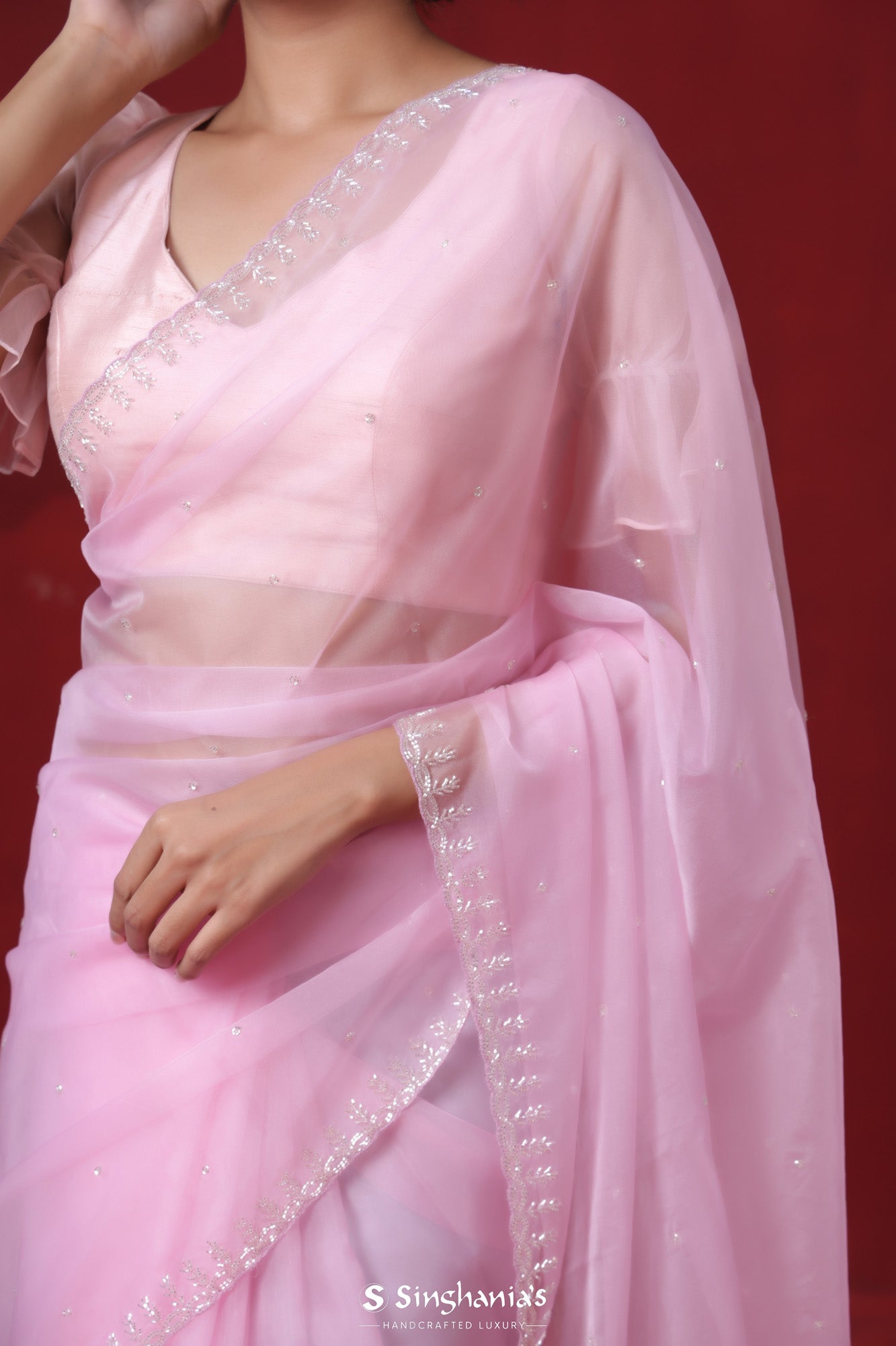 Lace Pink Tissue Organza Saree With Hand Embroidery