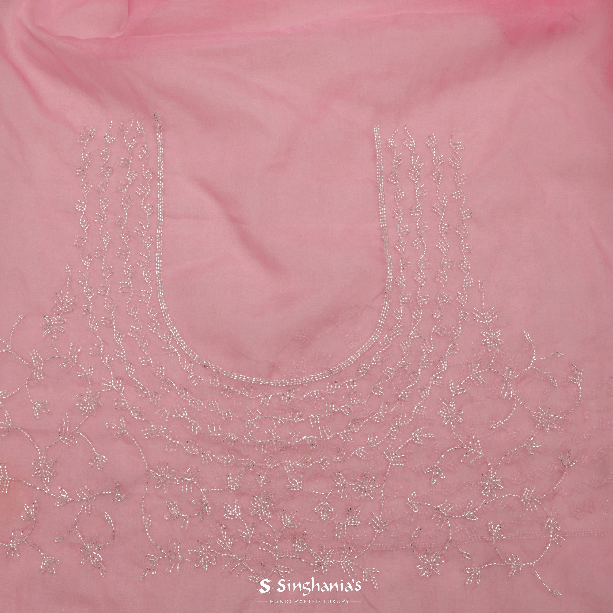 Taffy Pink Tissue Organza Saree With Hand Embroidery