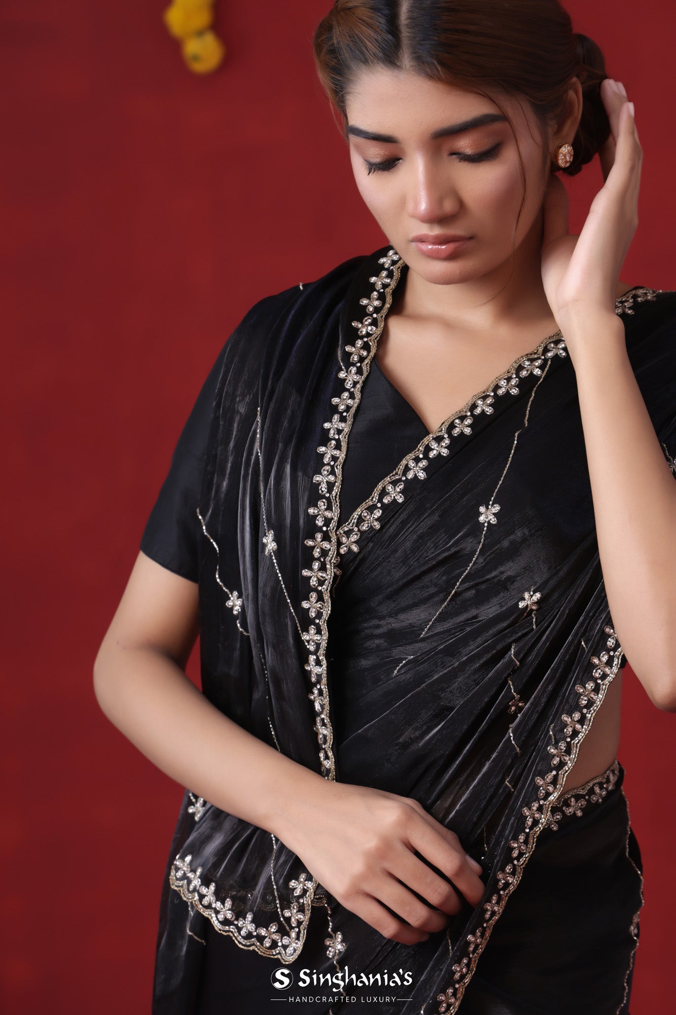 Deep Black Tissue Organza Saree With Hand Embroidery